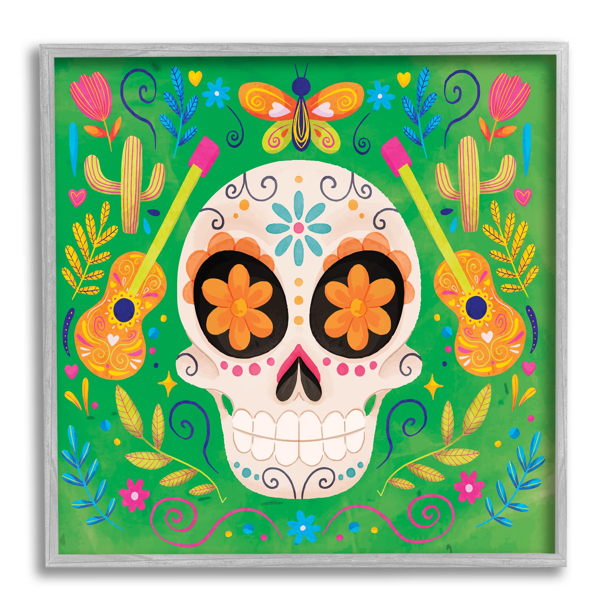 Stupell Industries Floral Day Of Dead Guitar Skull Framed Giclee Art