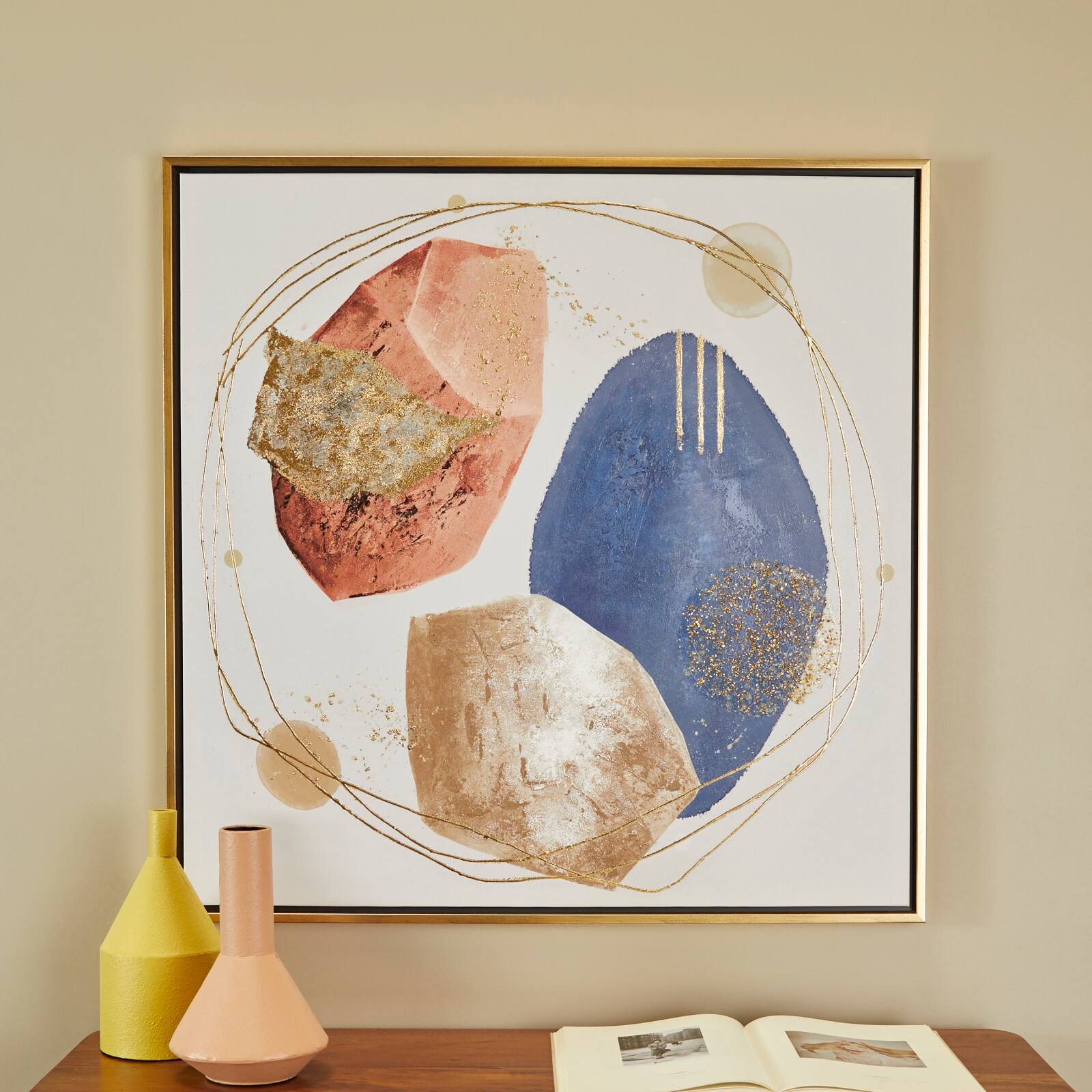 Multi Colored Canvas Handmade Overlapping Circle Abstract Framed Wall Art with Gold Frame and Gold Foil Detailing 37&#x22; x 1&#x22; x 37&#x22;