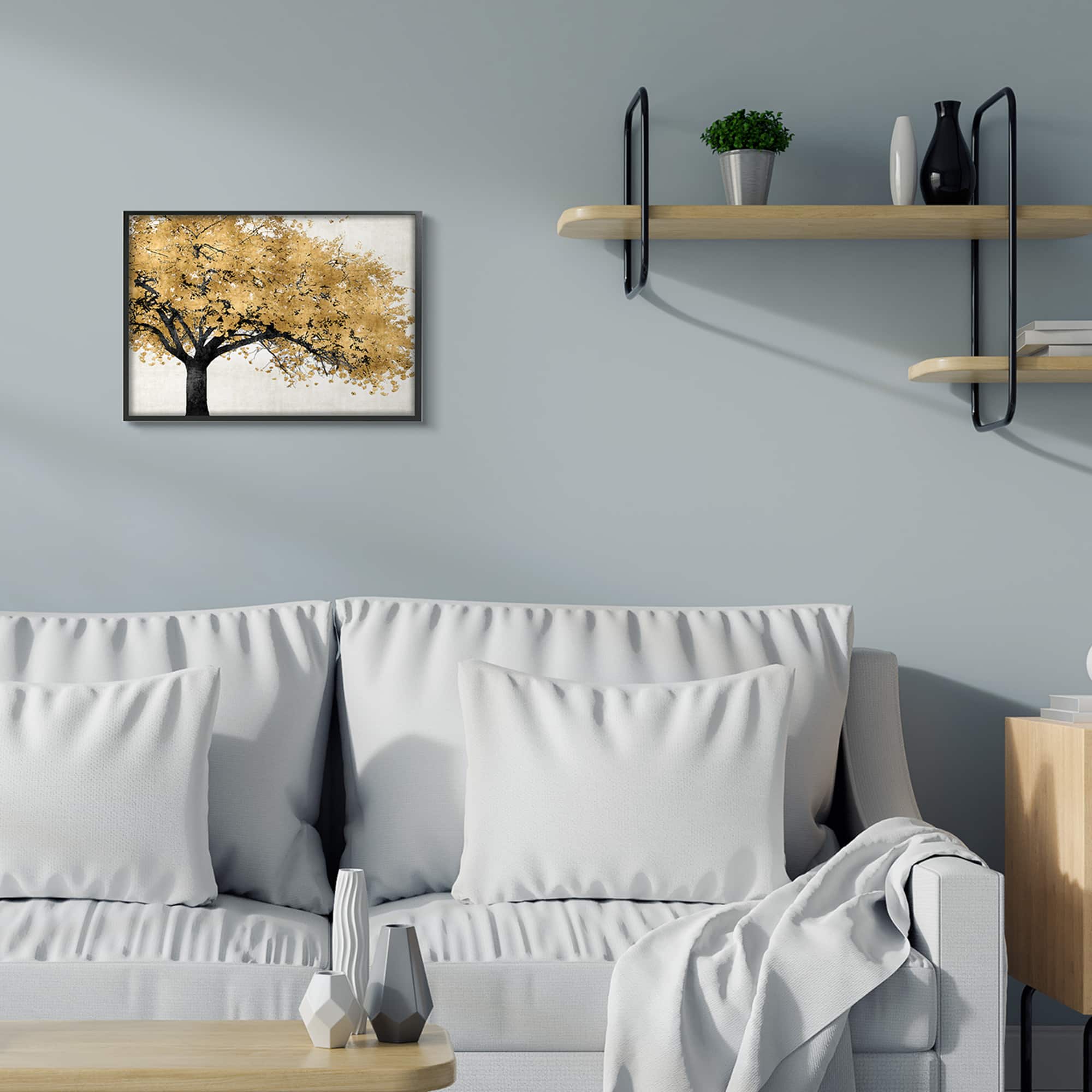 Stupell Industries Traditional Tree with Autumn Leaves over Neutral in Black Frame Wall Art