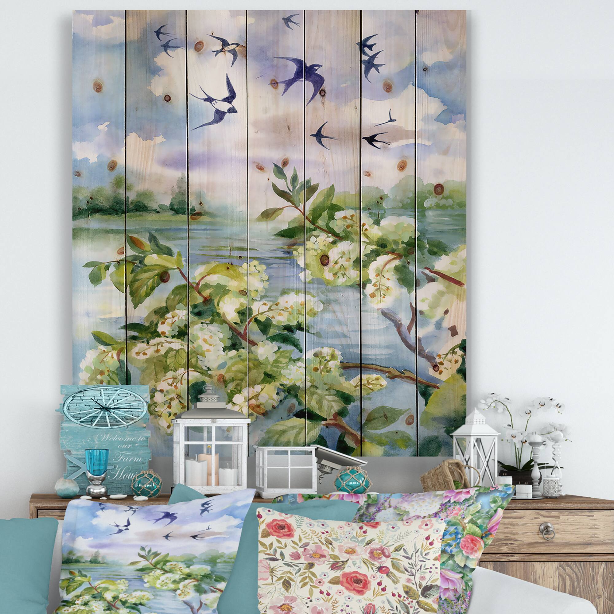 Designart - Flowers of The Cherry Blossoms On A Spring Day - Traditional Print on Natural Pine Wood