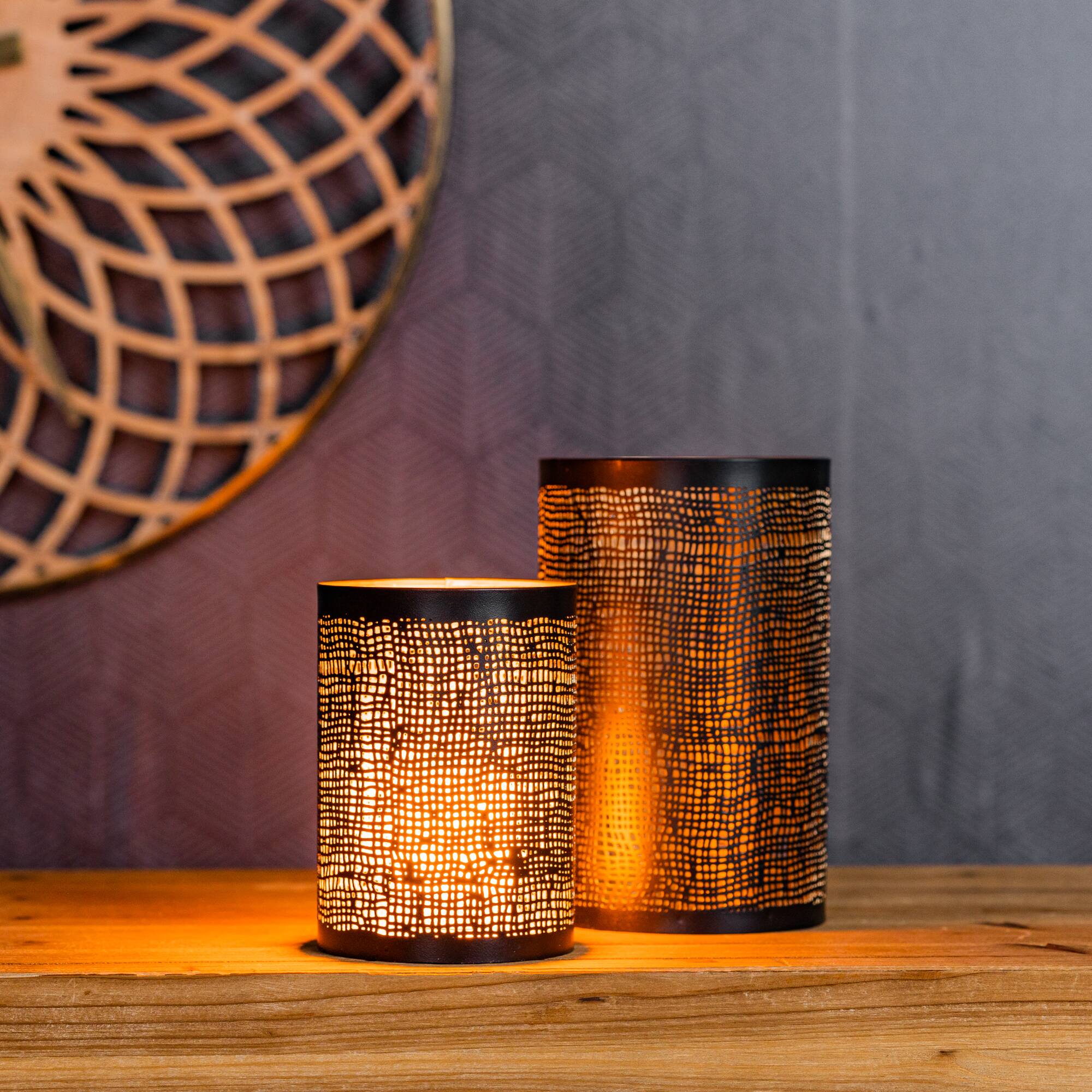 Black Tapered Punched Metal Candle Holder Set, 5&#x22; &#x26; 6&#x22;