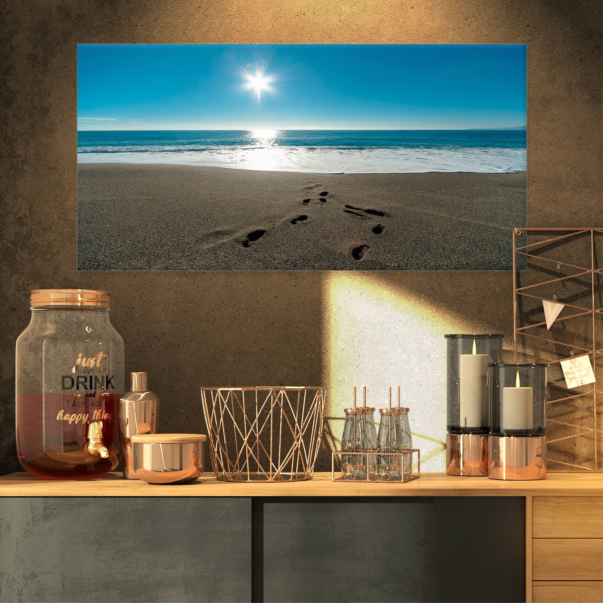 Designart - Blue Sea and Footprints in Sand - Large Seascape Art Canvas Print