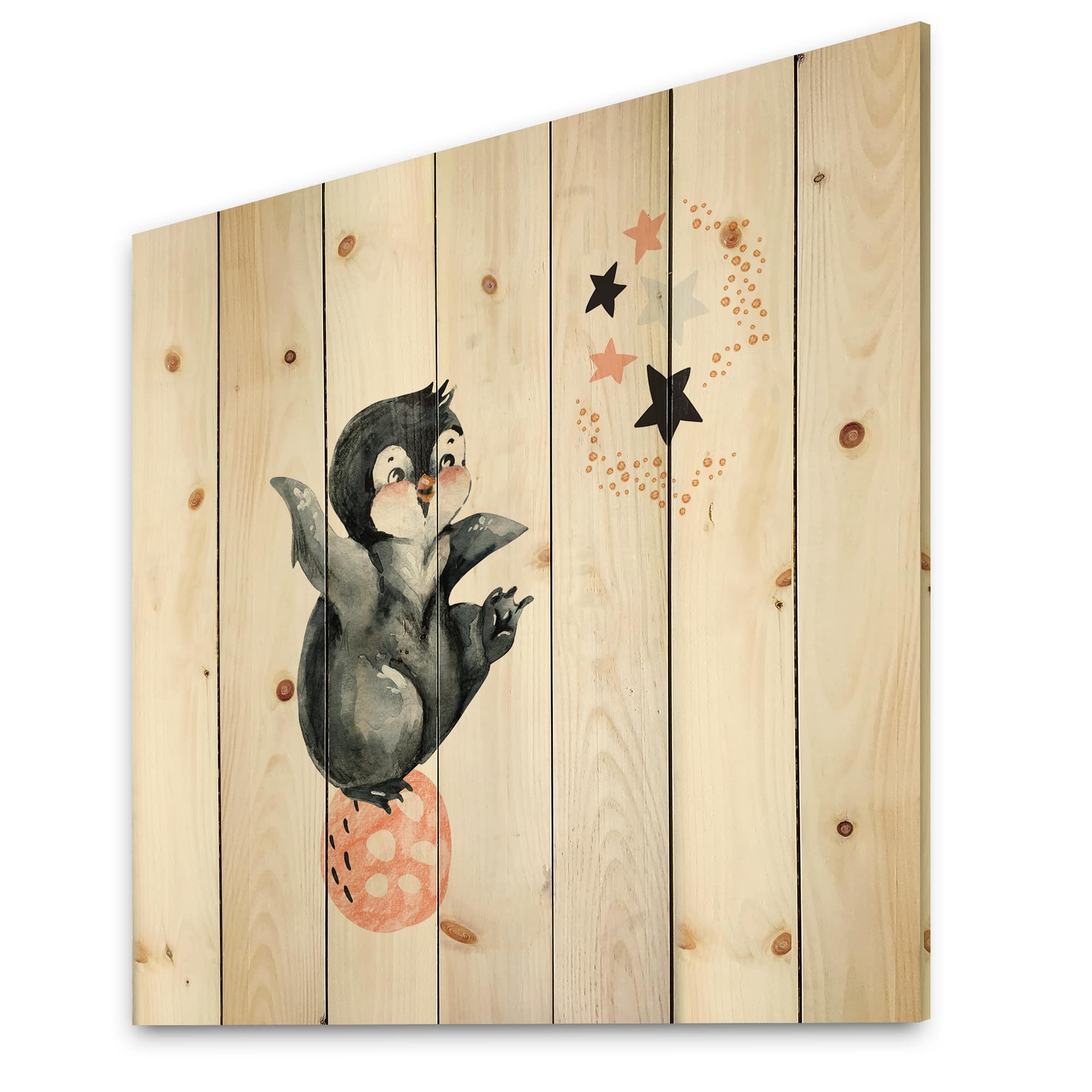 Designart - Little Penguin With Stars and Planets II - Farmhouse Print on Natural Pine Wood