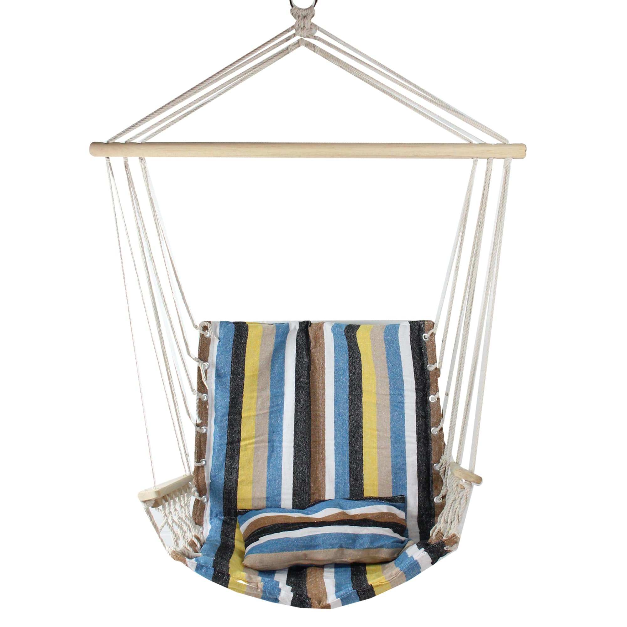 35.25&#x22; x 37&#x22; Blue, Brown &#x26; Yellow Striped Hammock Chair with Pillow &#x26; Armrests