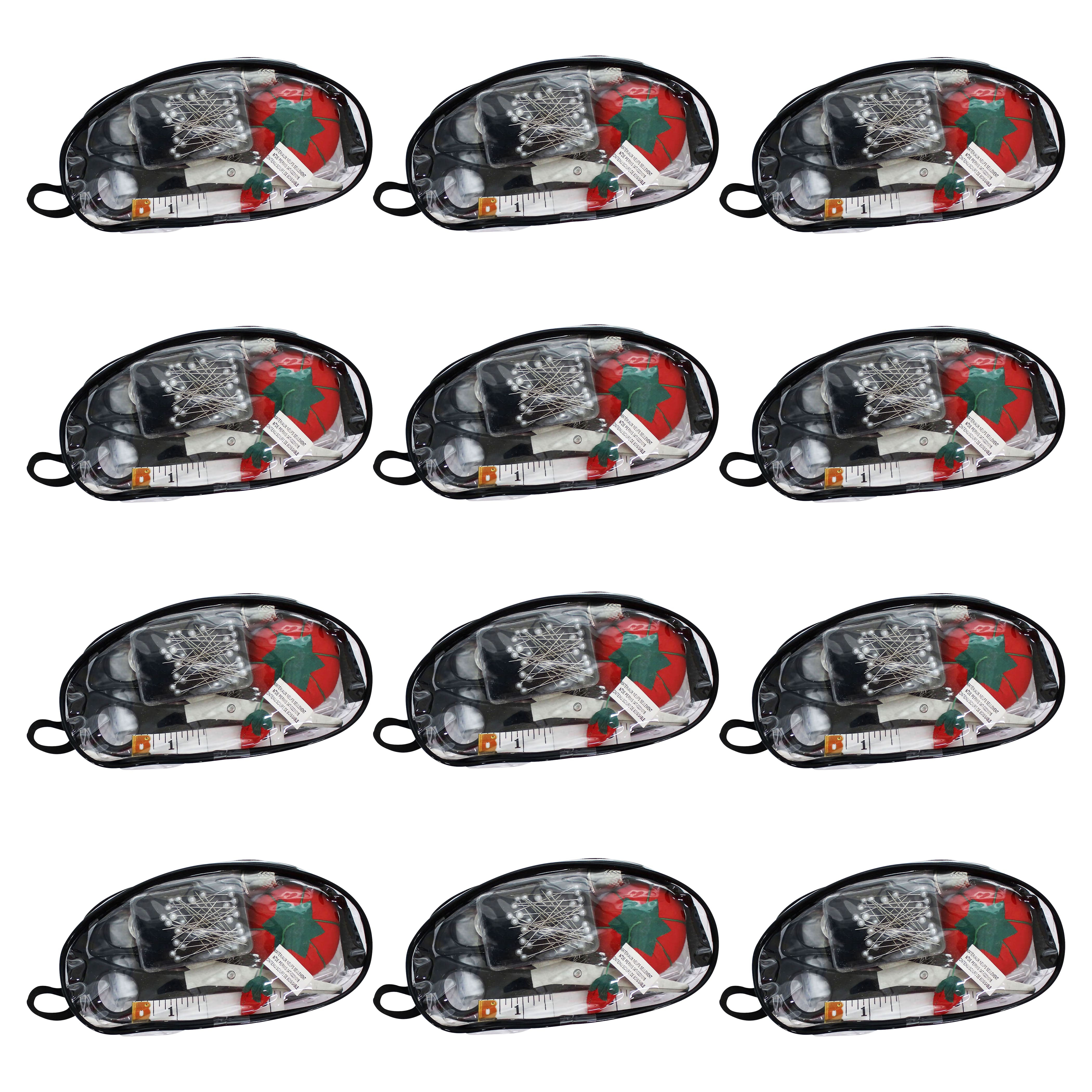 12 Pack: Black Deluxe Sewing Kit in Vinyl Zipper Pouch