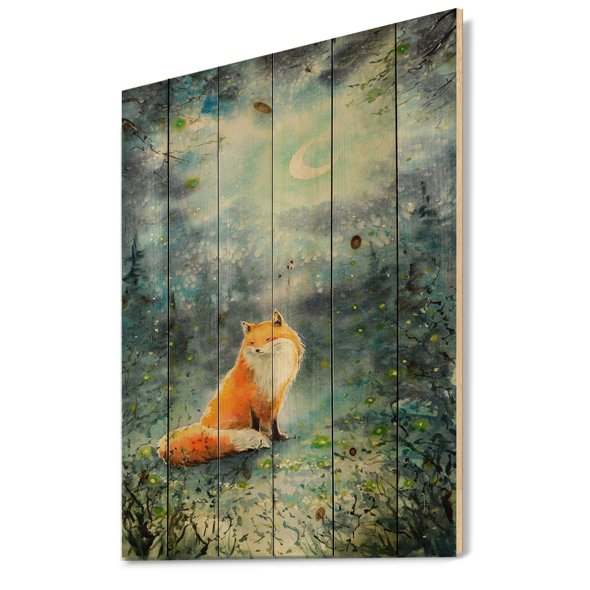 Designart - Fox Over A Night Sky - Children&#x27;s Art Print on Natural Pine Wood