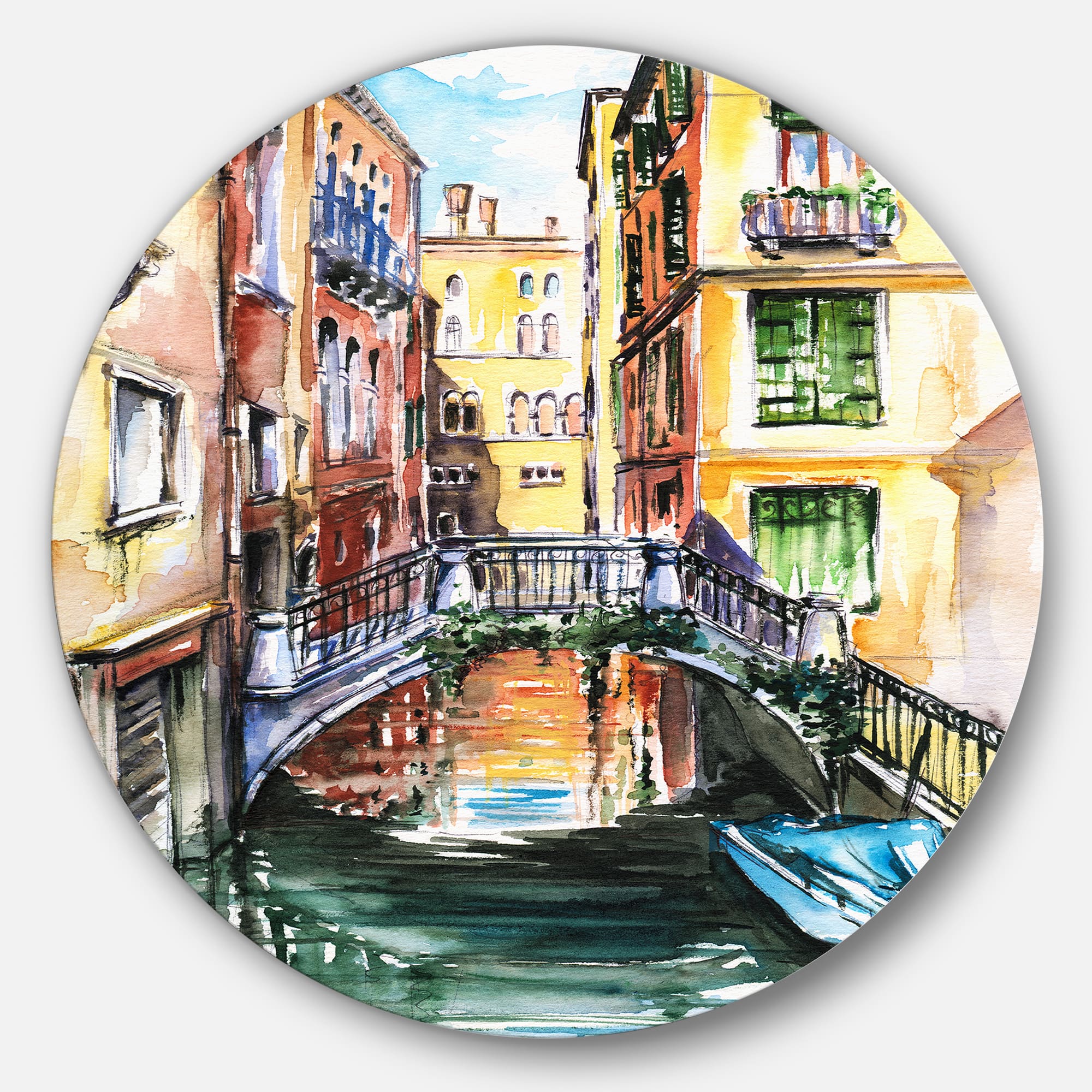 Designart - Venice Canal Meeting Bridge&#x27; Cityscape Metal Circle Wall Art