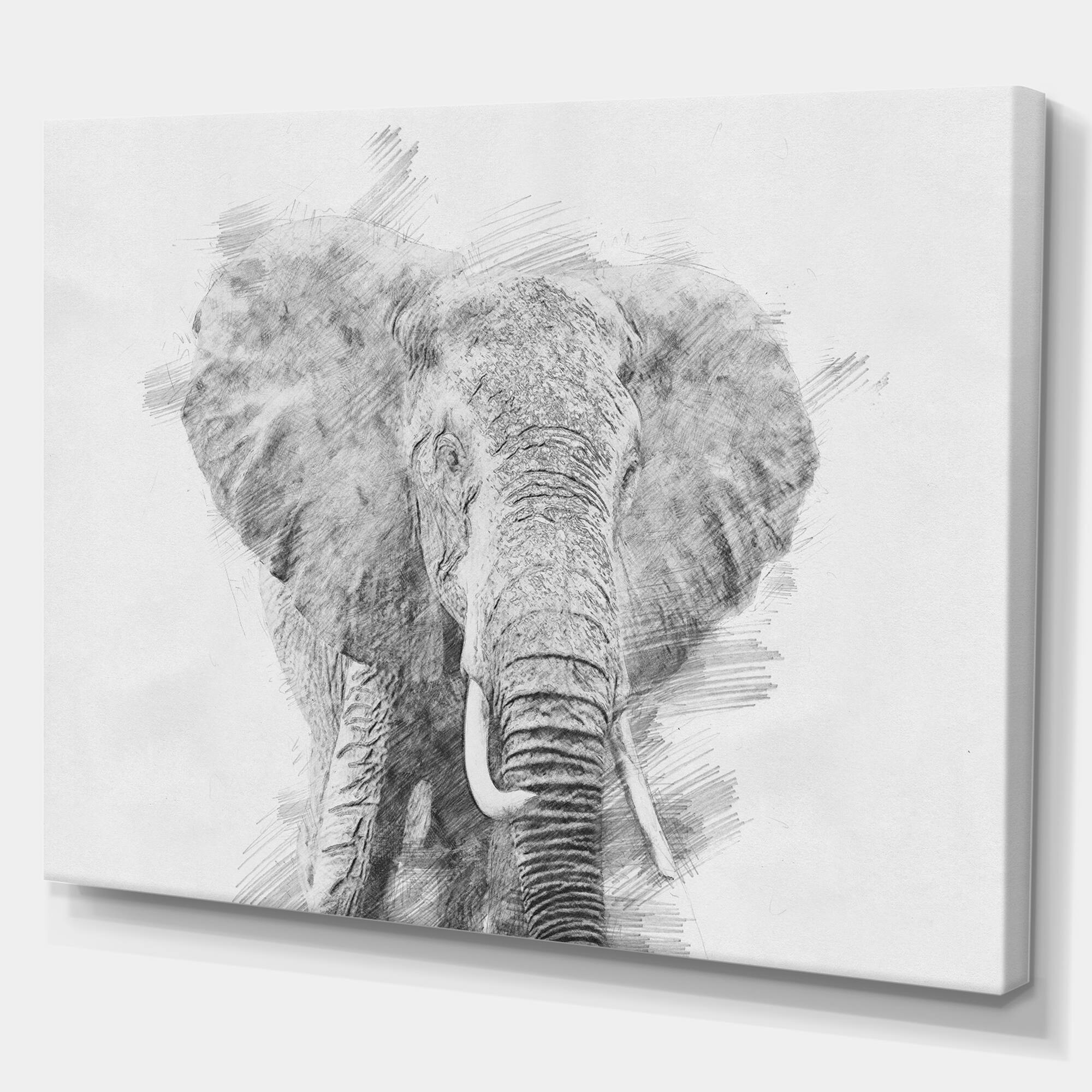 Designart - Black and White Elephant Sketch - Animals Painting Print on Wrapped Canvas