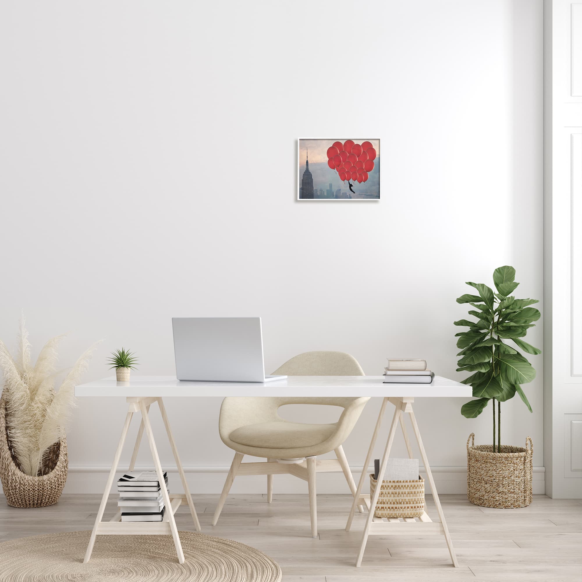 Stupell Industries Cityscape Girl Balloons Abstract Modern Collage Design in White Frame Wall Art