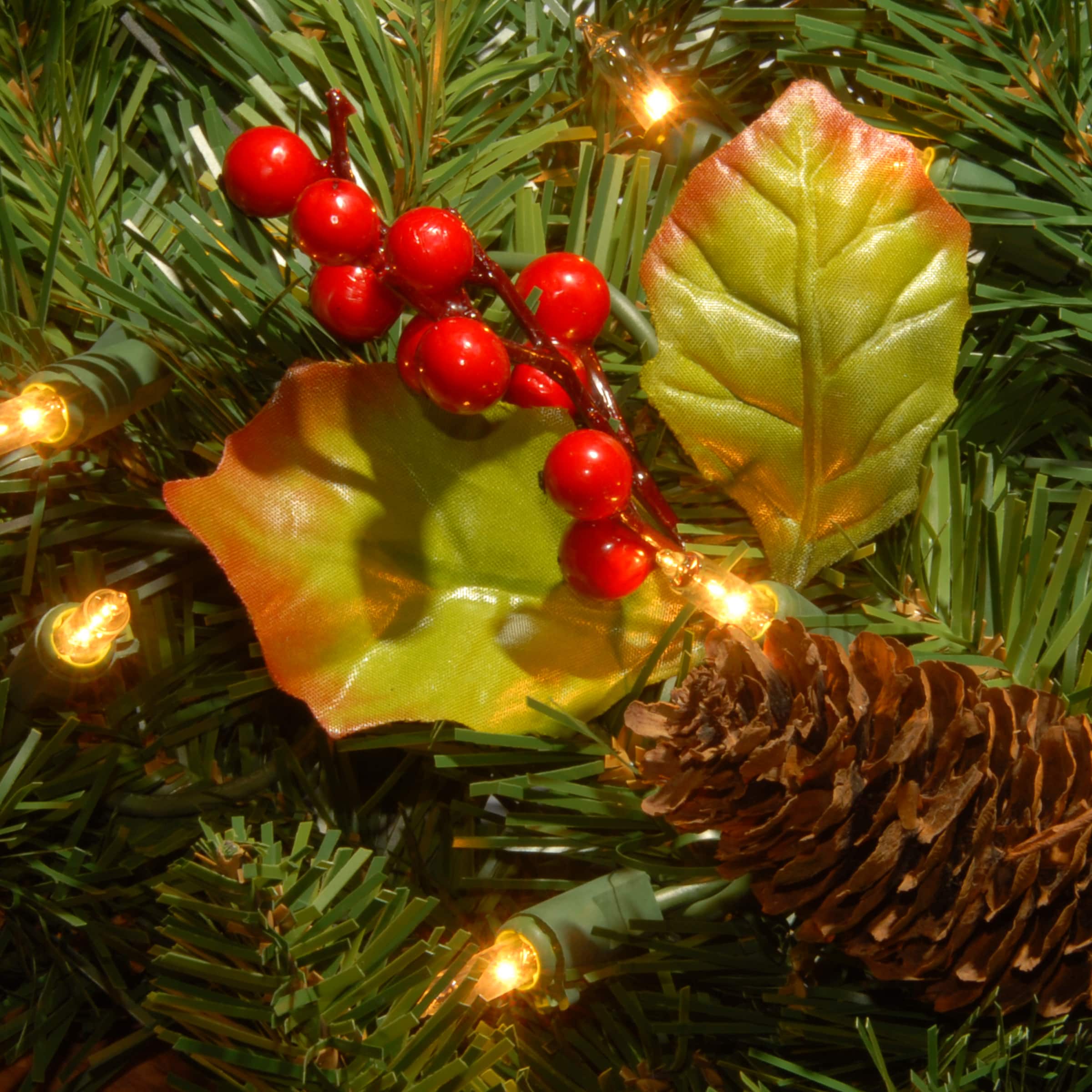 9' x 10" Pre-lit Classical Collection Artificial Christmas Garland with Red Berries, Cones, Holly Leaves and 50 Clear Lights