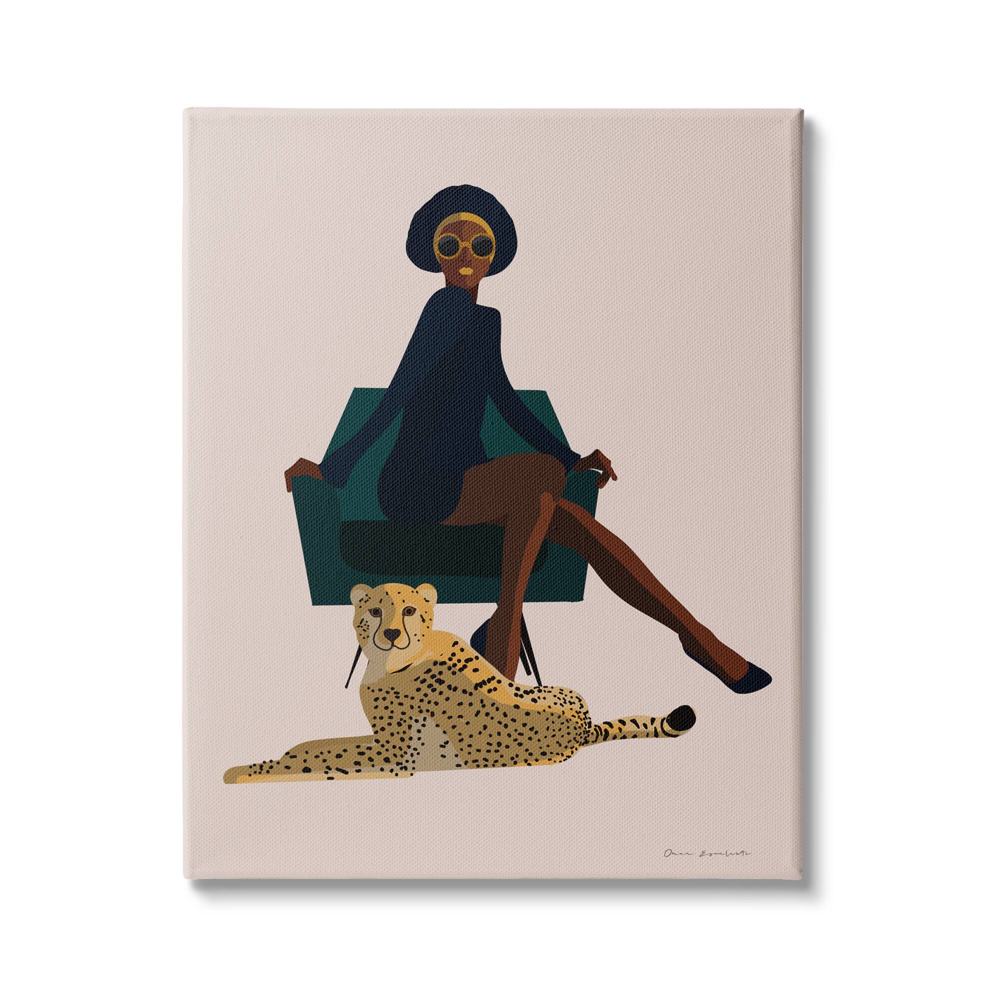Stupell Industries Modern Fashion Pose Female Cheetah Cat Green Chair Canvas Wall Art