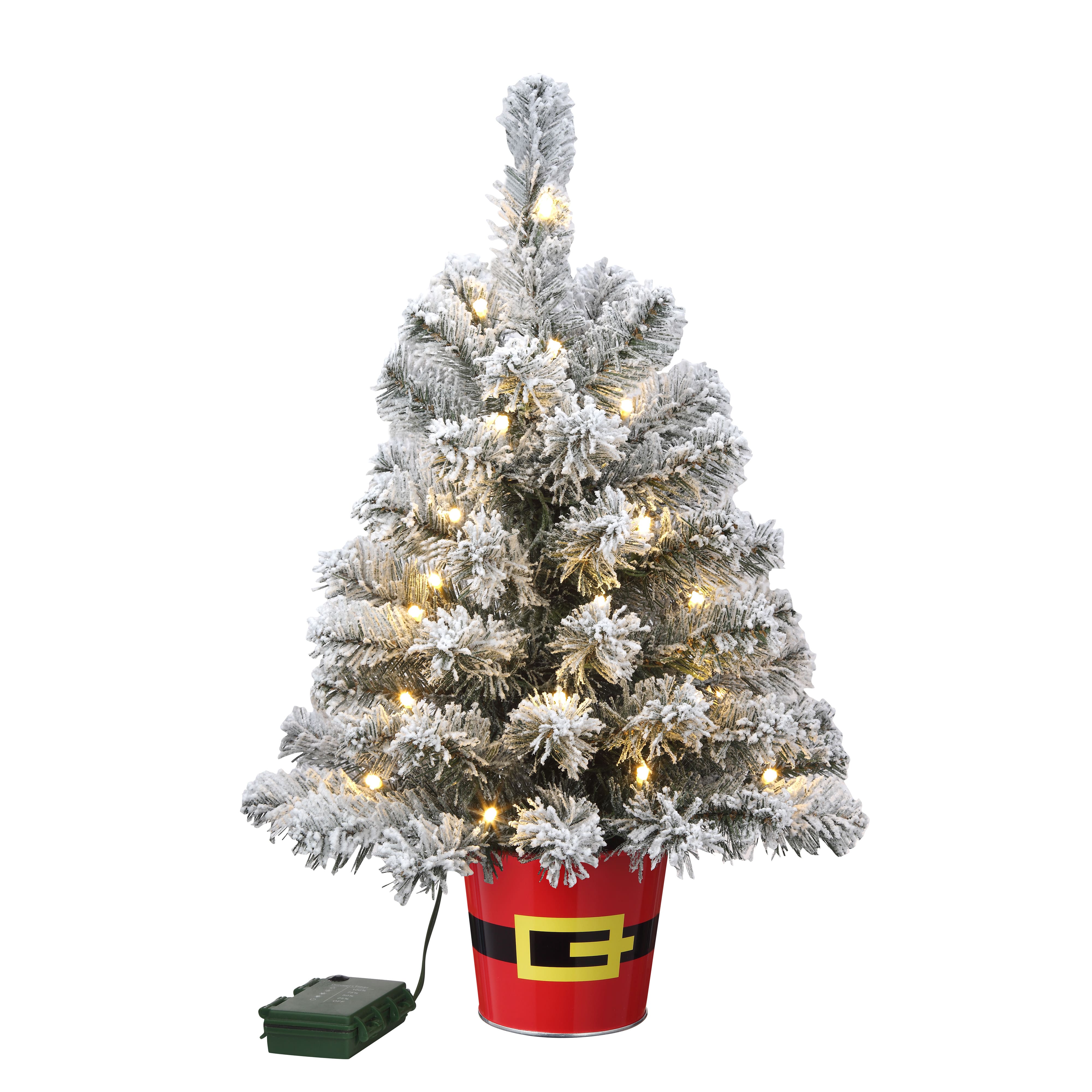 20&#x22; Pre-Lit Night Night&#x2122; Snowy Flocked Pine Artificial Tabletop Christmas Tree in Santa Belt Base, Clear LED Lights
