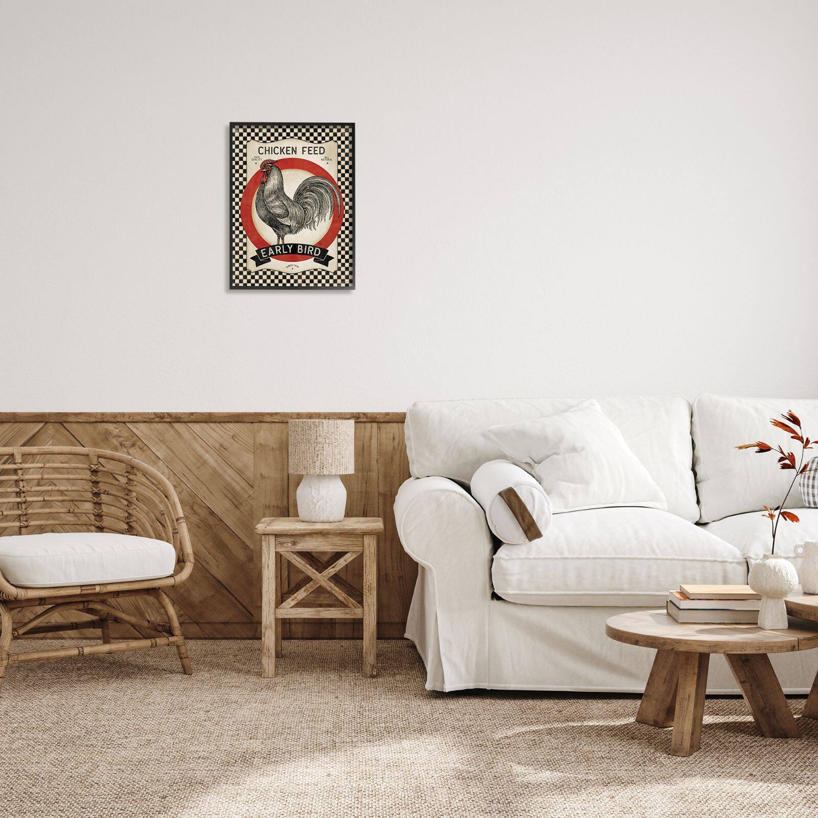 Stupell Industries Vintage Farmhouse Chicken Feed Advertisement Rooster Checkered Pattern Framed Wall Art