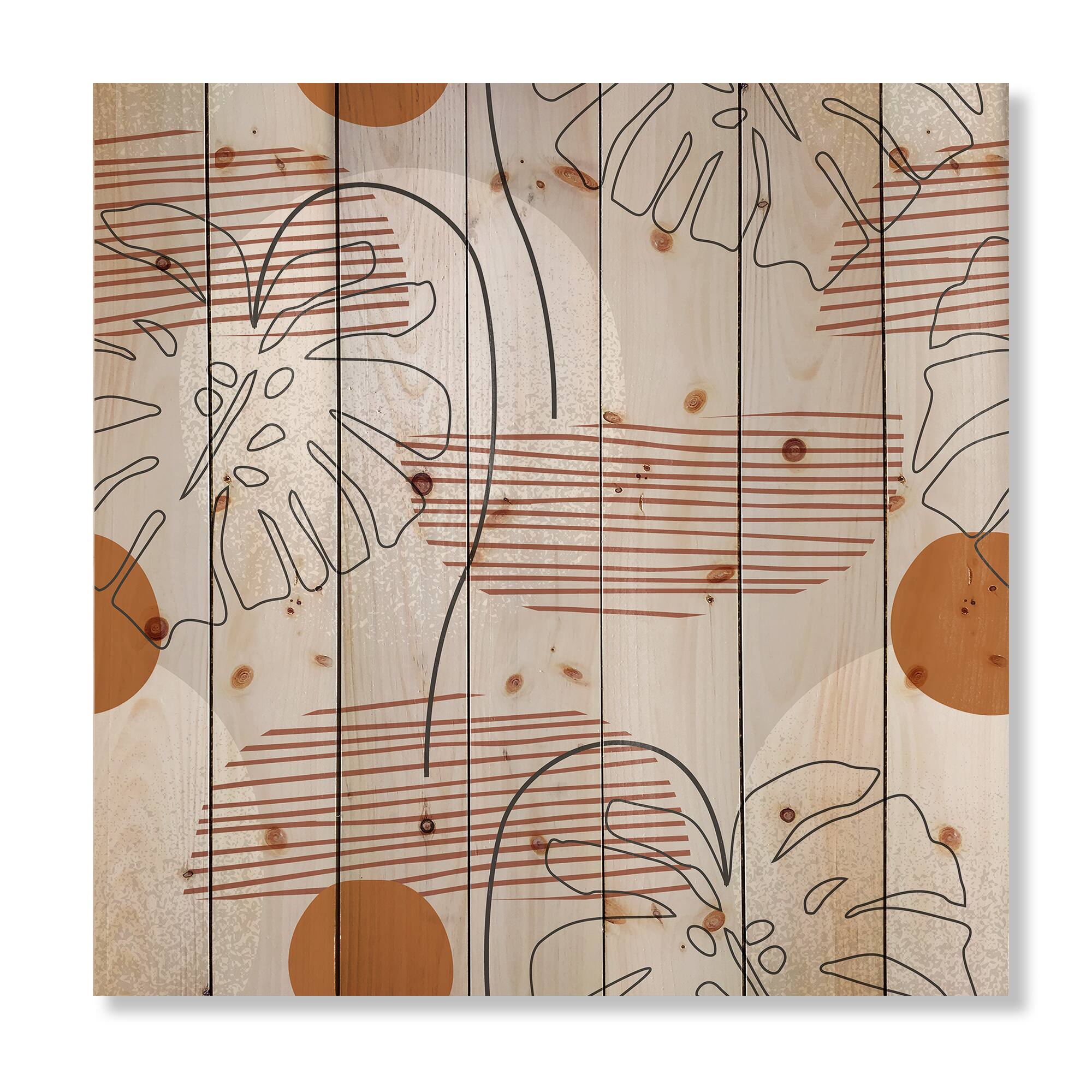 Designart - One Line Art Shapes &#x26; Abstract Monstera Leaf - Modern Print on Natural Pine Wood