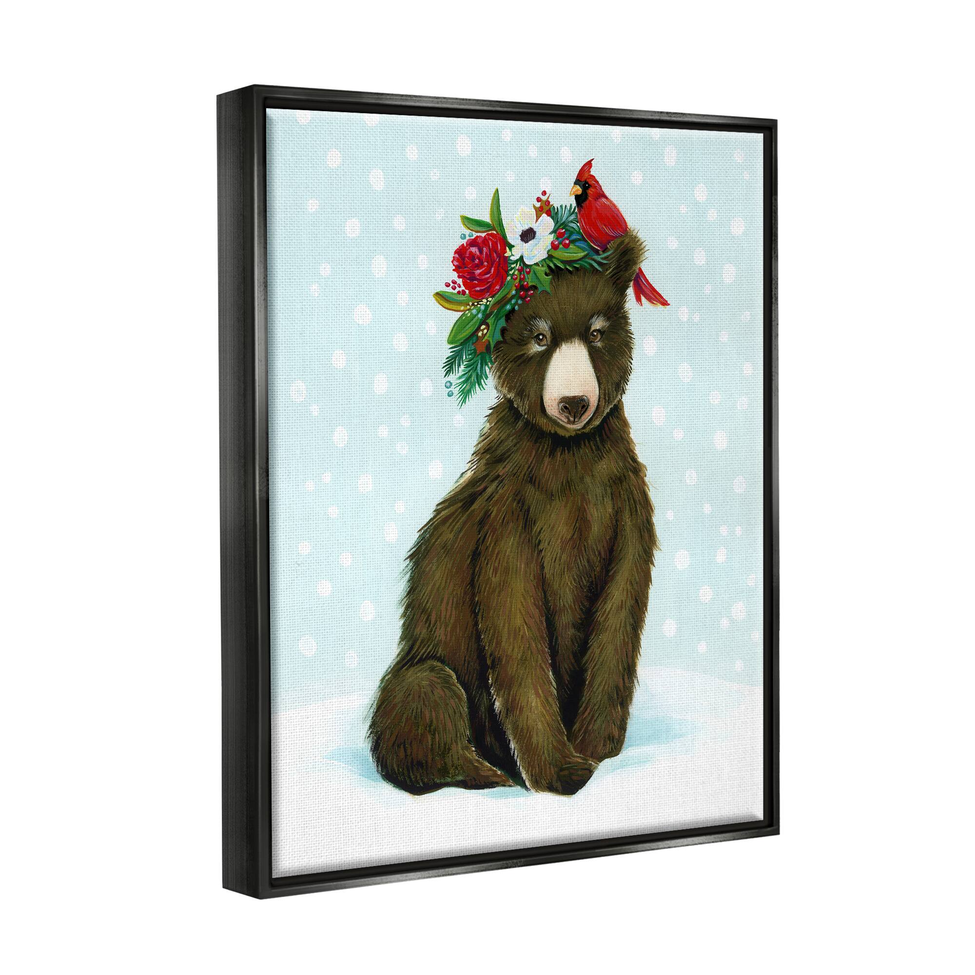 Stupell Industries Bear Seasonal Holly Snow Scene Framed Floater Canvas Wall Art