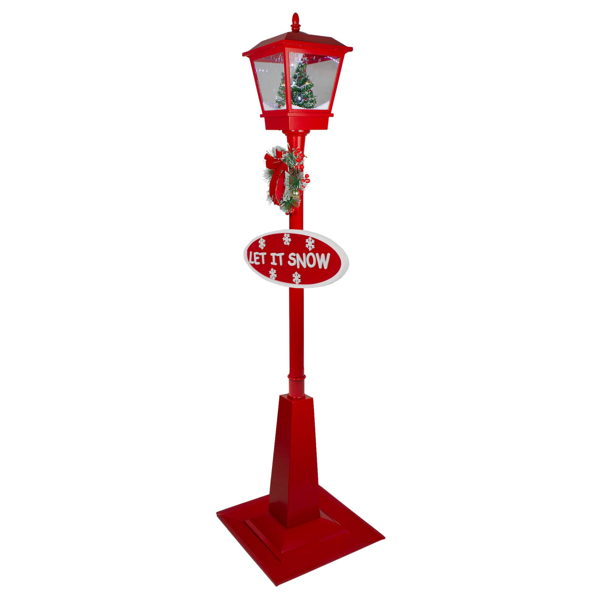 70.75&#x22; Musical Red Holiday Street Lamp with Christmas Tree Snowfall Lantern