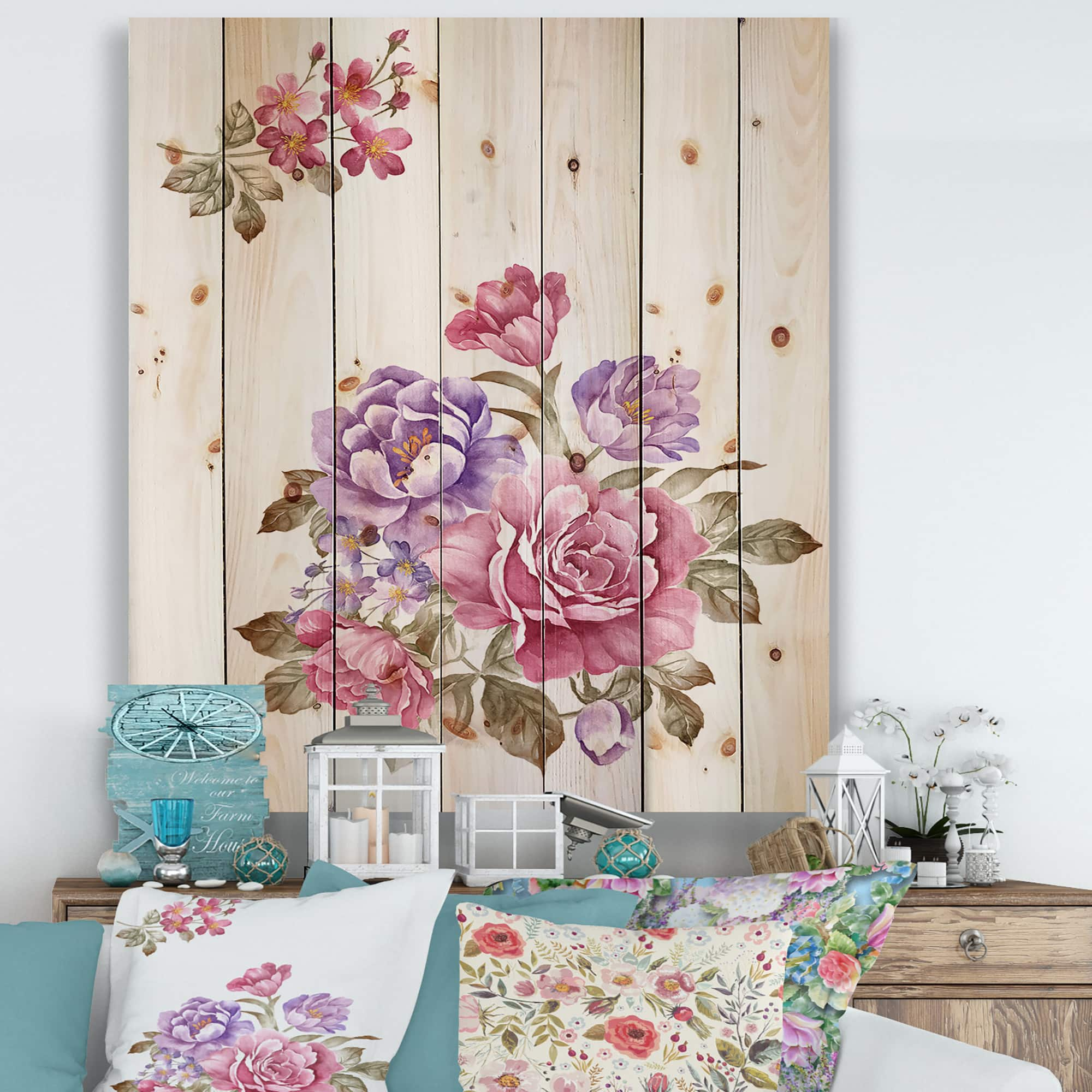 Designart - Bouquet of Pink and Purple Flowers I - Farmhouse Print on Natural Pine Wood