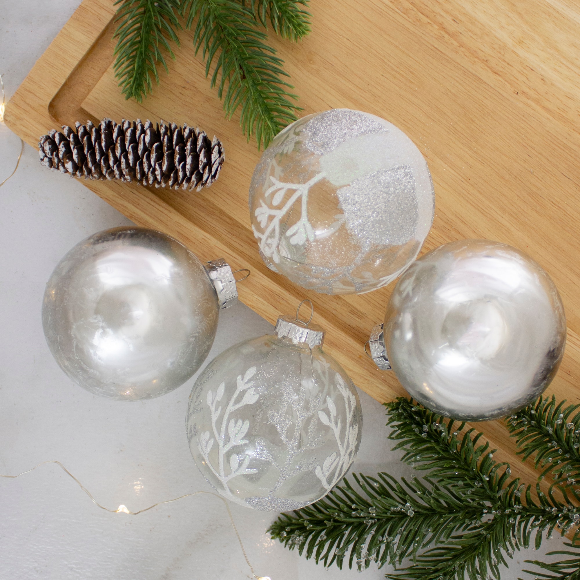 4ct. Silver &#x26; Clear 2-Finish Glass Ball Ornaments