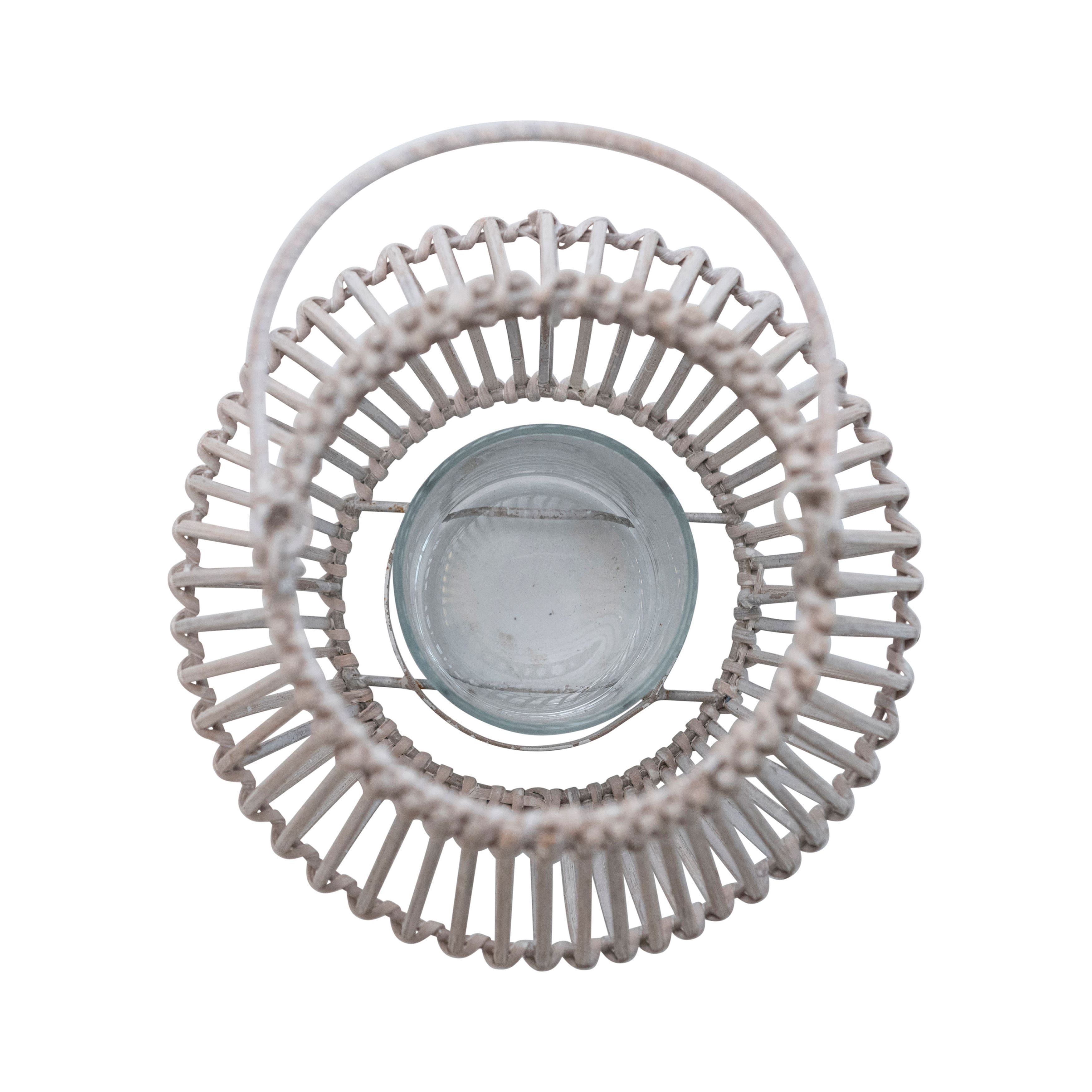 Hello Honey® 11.7" Whitewashed Round Hand-Woven Bamboo Lantern with Handle & Glass Insert