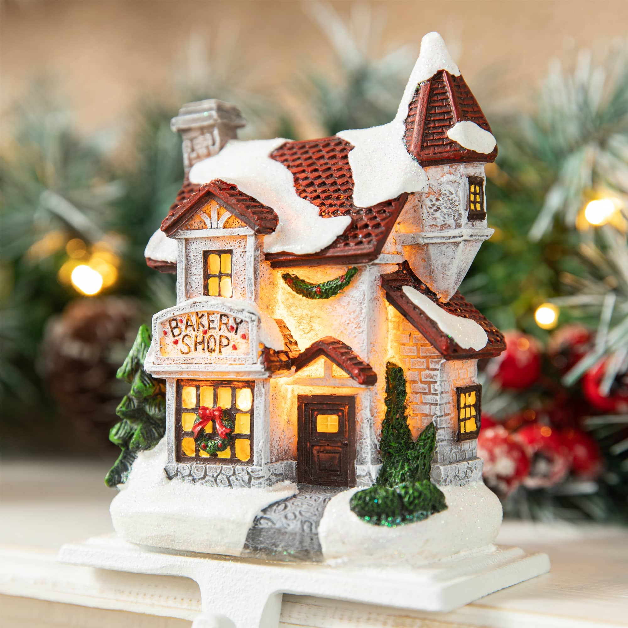 Glitzhome&#xAE; 6&#x22; Lighted House Stocking Holder Set