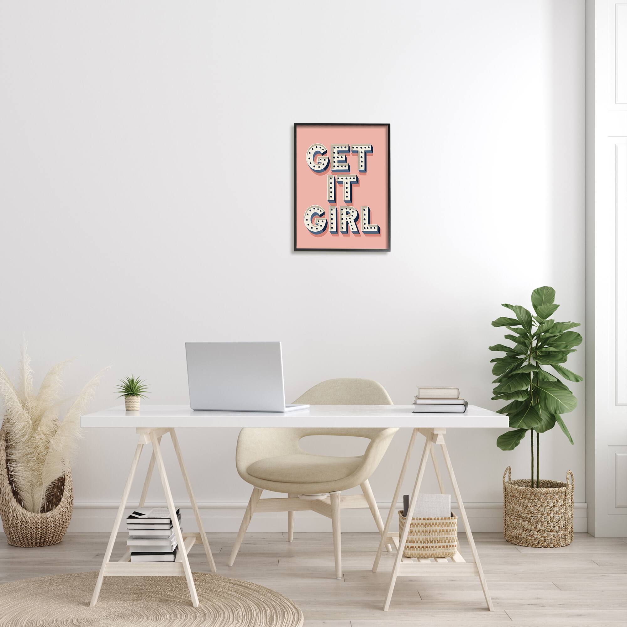 Stupell Industries Get It Girl Bold Polka Dot Typography over Pink in Black Frame Wall Art