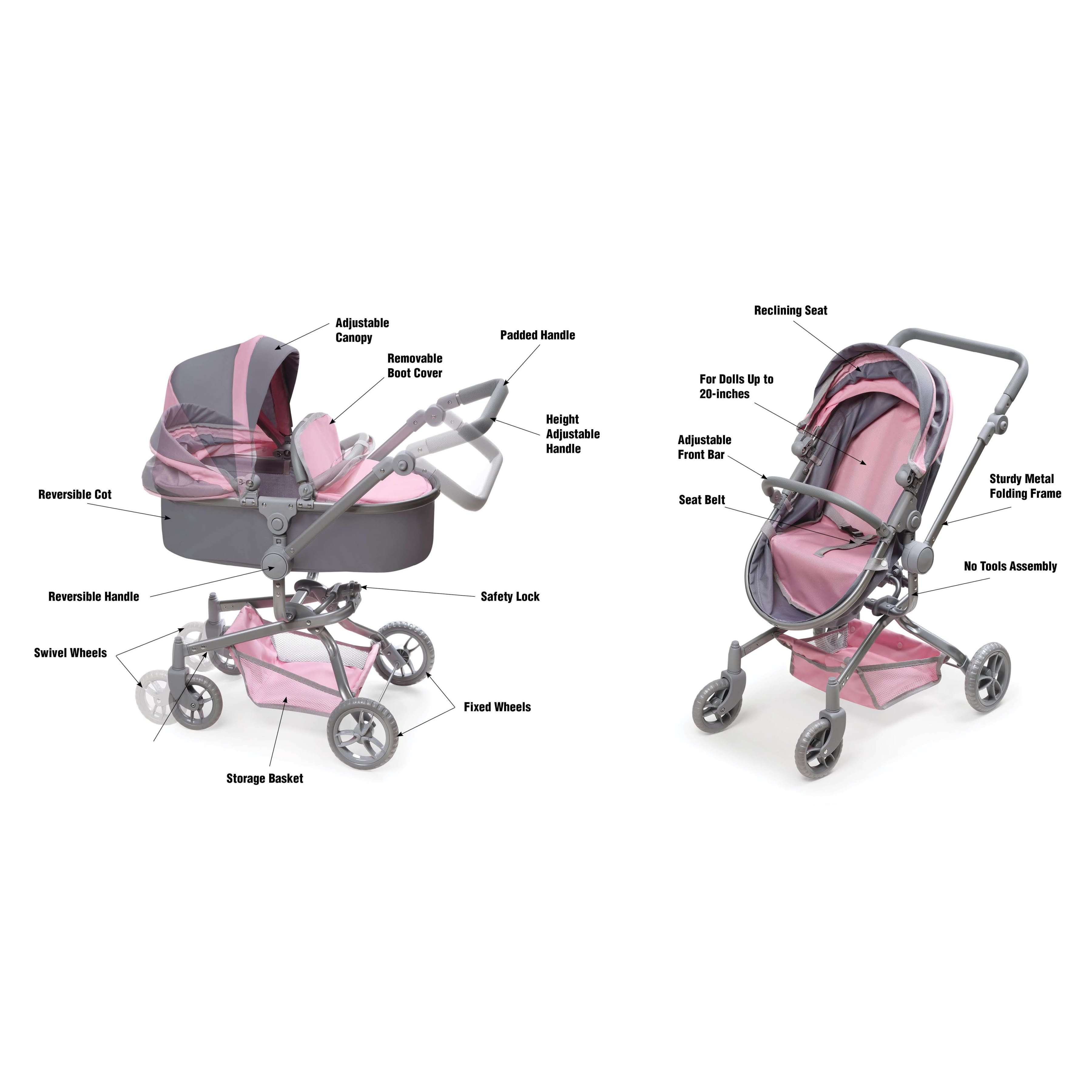 Badger Basket Gray &#x26; Pink Daydream Multi-Function Single Doll Pram &#x26; Stroller
