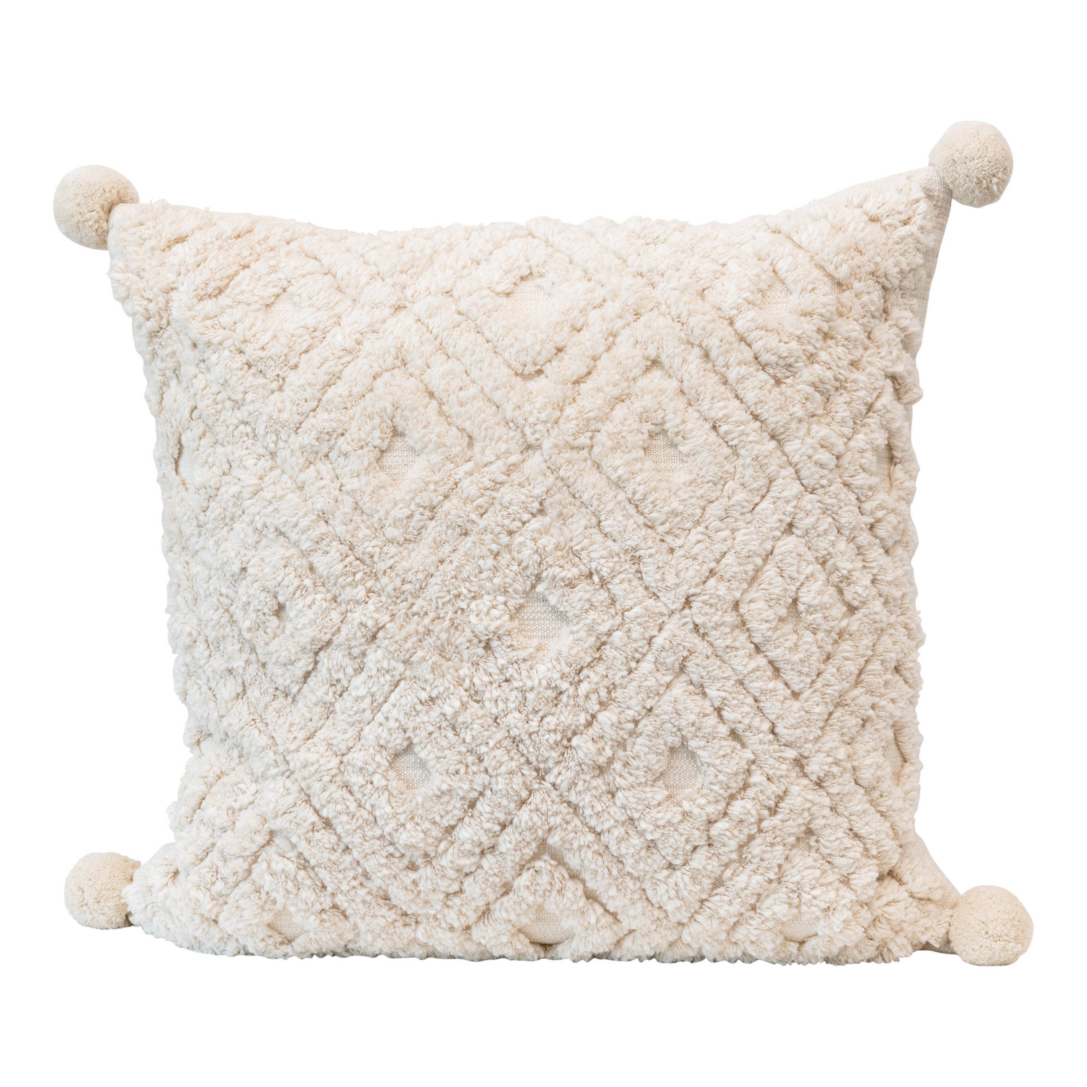 Hello Honey® Cream Cotton Tufted Pillow with Pom Poms