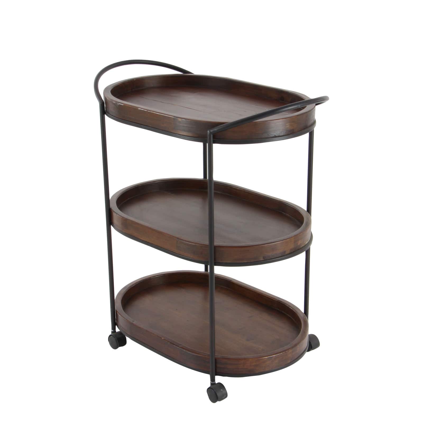 3-Tier Brown Pine &#x26; Metal Traditional Bar Cart