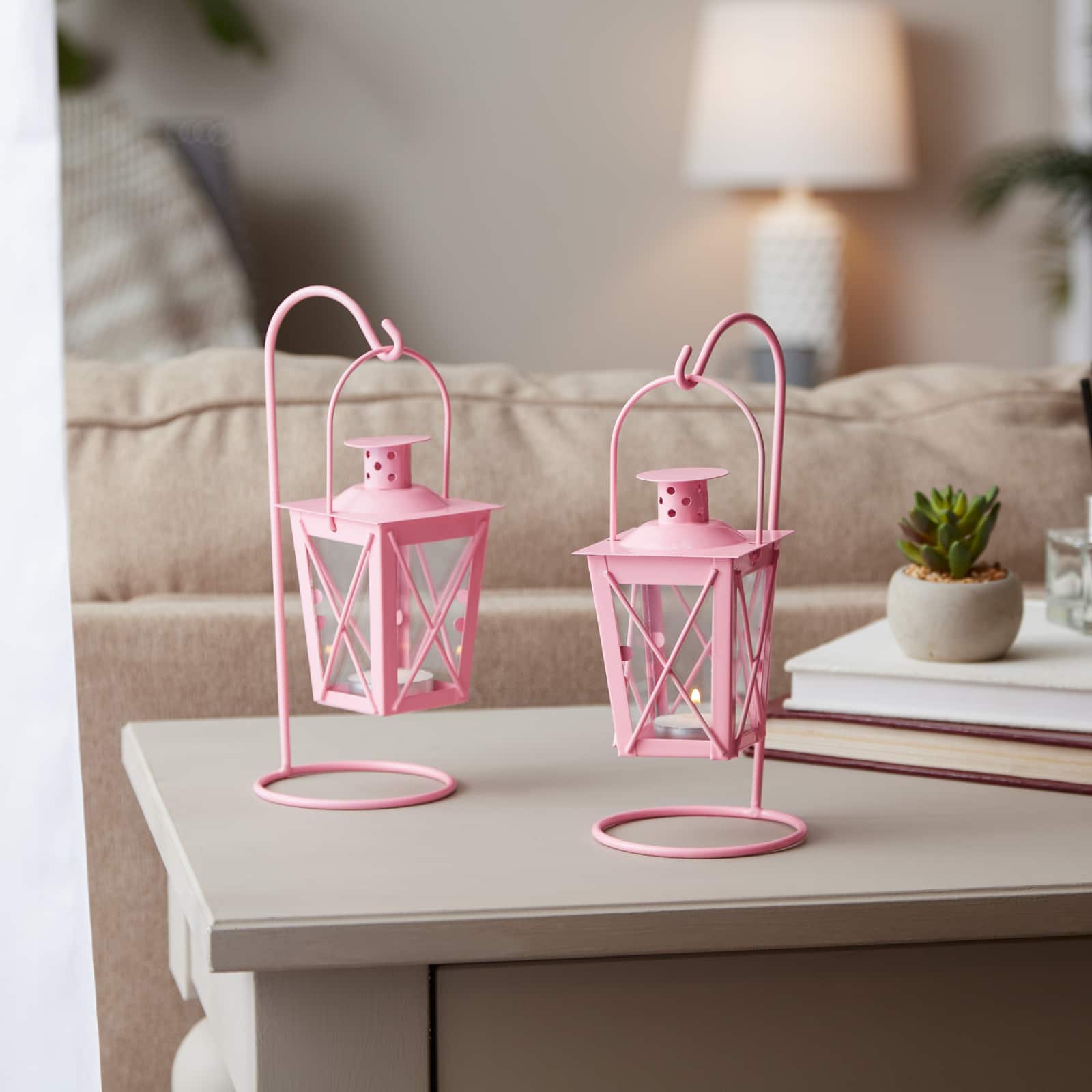 9&#x22; Pink Iron Railroad Hanging Lantern Set
