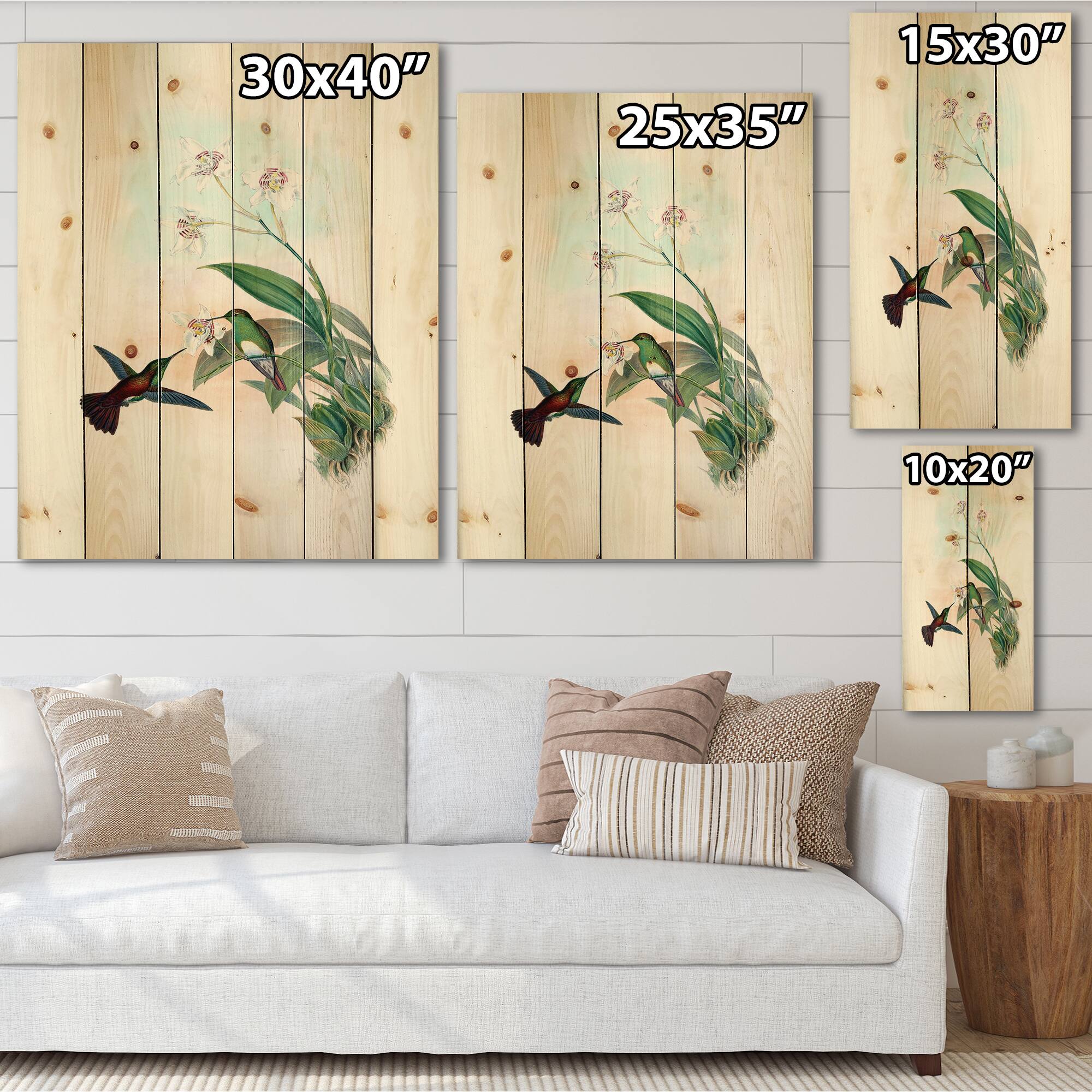 Designart - Vintage Hummingbird Flying To A Flower - Traditional Print on Natural Pine Wood