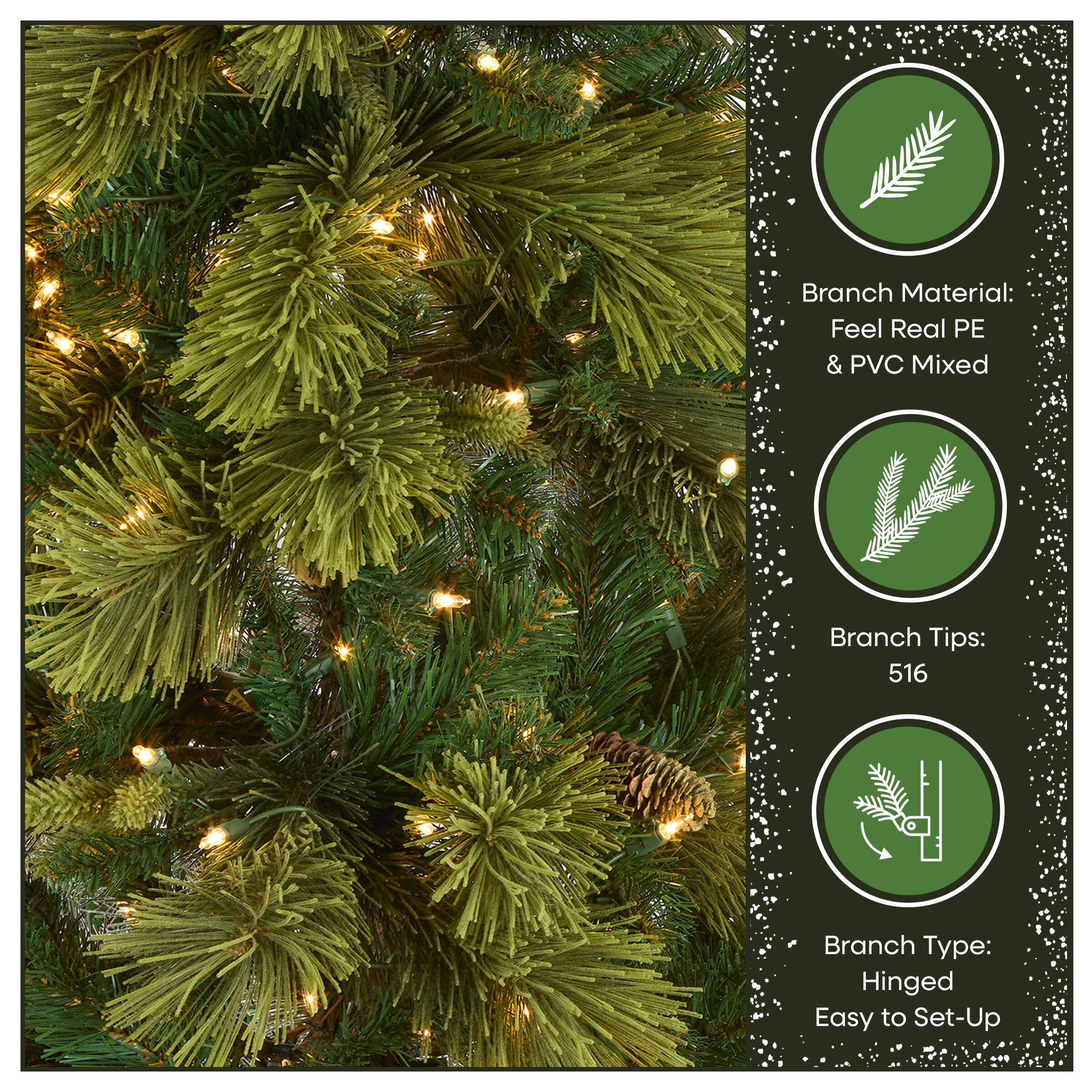 6.5 ft. Pre-Lit Carolina Pine Slim Artificial Christmas Tree with Flocked Pine Cones, Clear Lights