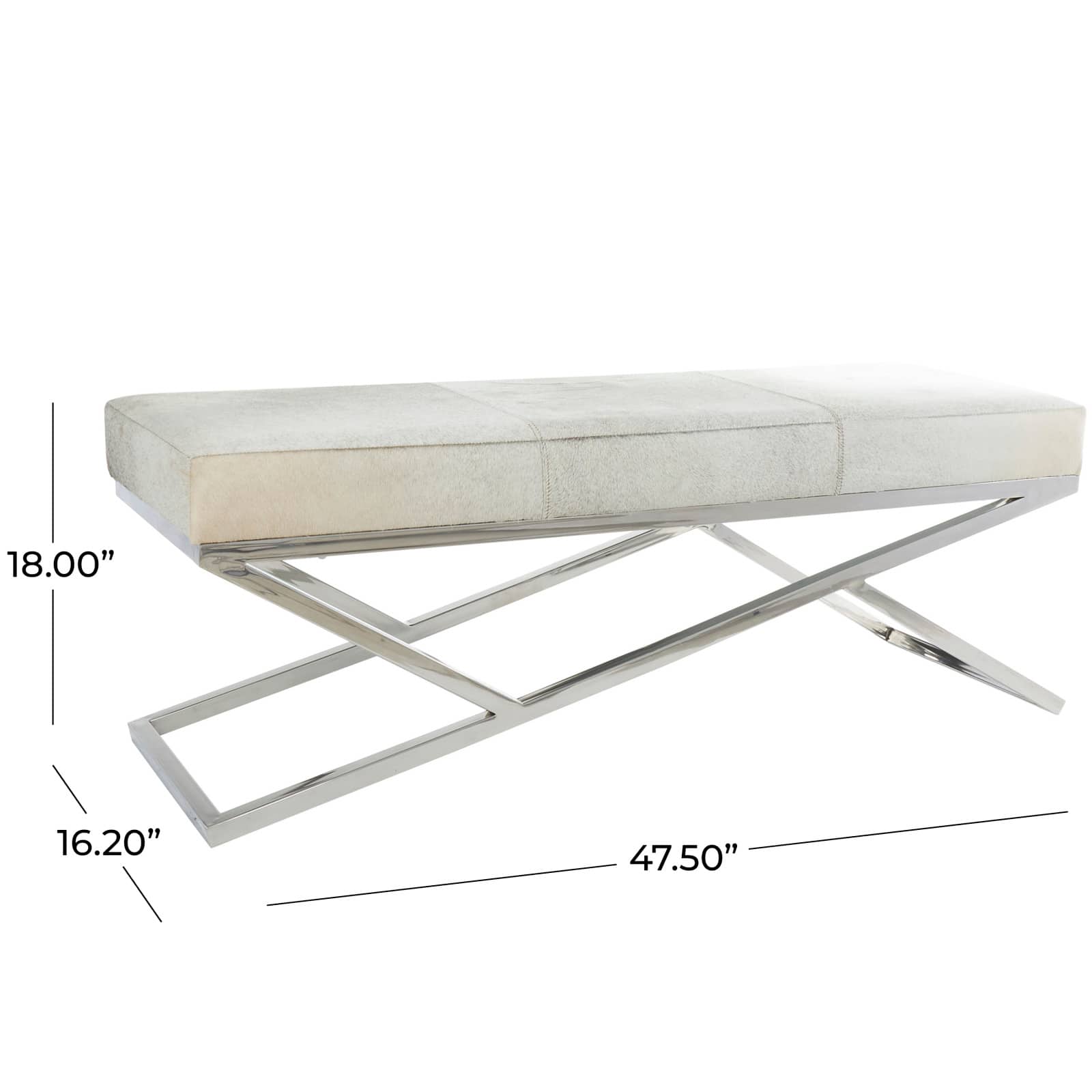 Light Gray Leather Geometric Bench with Angled Silver Metal Base