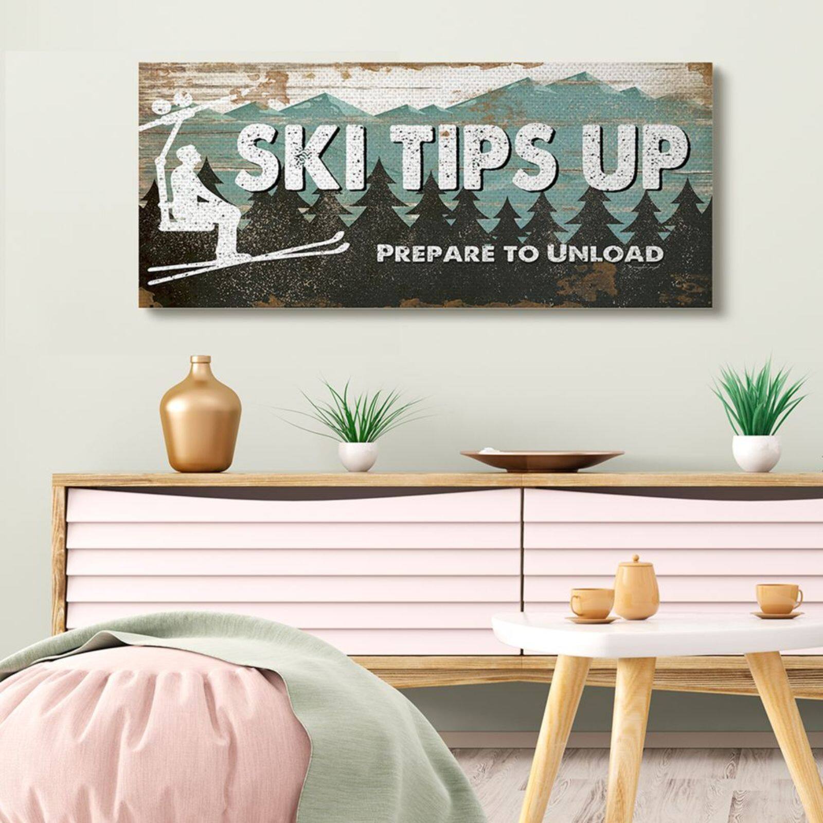 Stupell Industries Winter Rustic Ski Tips Up Sign Mountain Sports Canvas Wall Art
