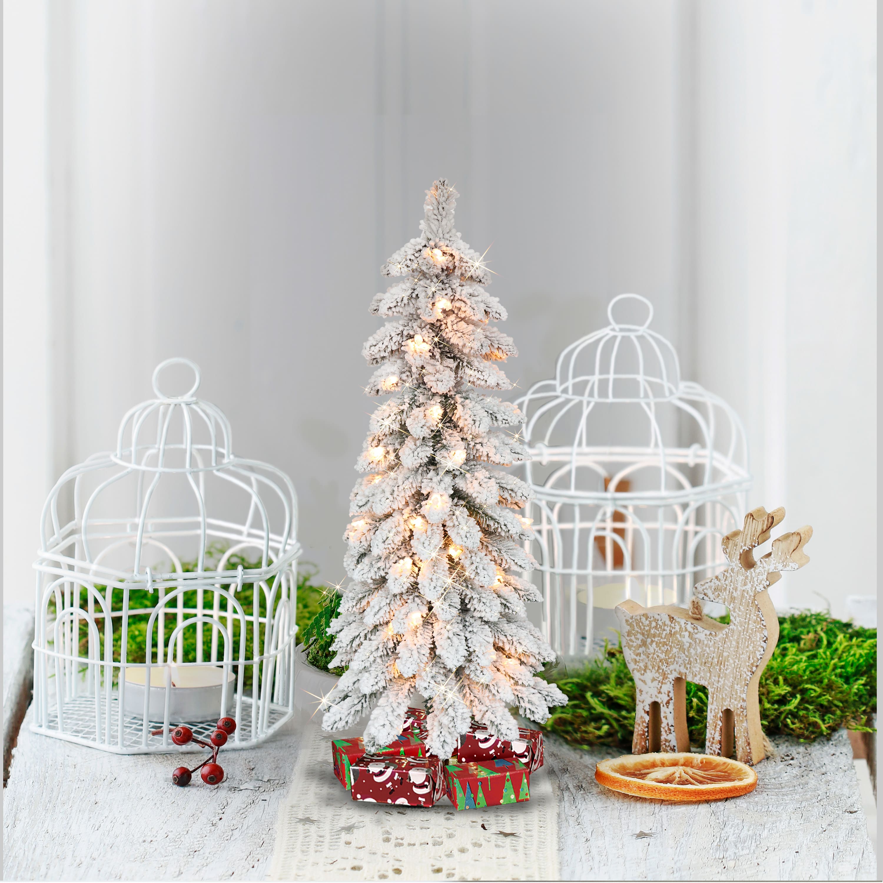 6 Pack: 3ft. Flocked Pencil Alpine Artificial Christmas Tree, Clear Lights