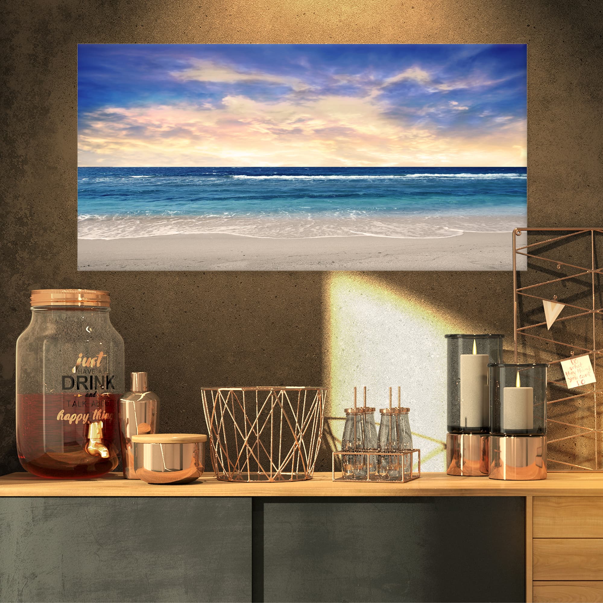Designart - Clear Blue Sky and Ocean at Sunset - Extra Large Seascape Art Canvas