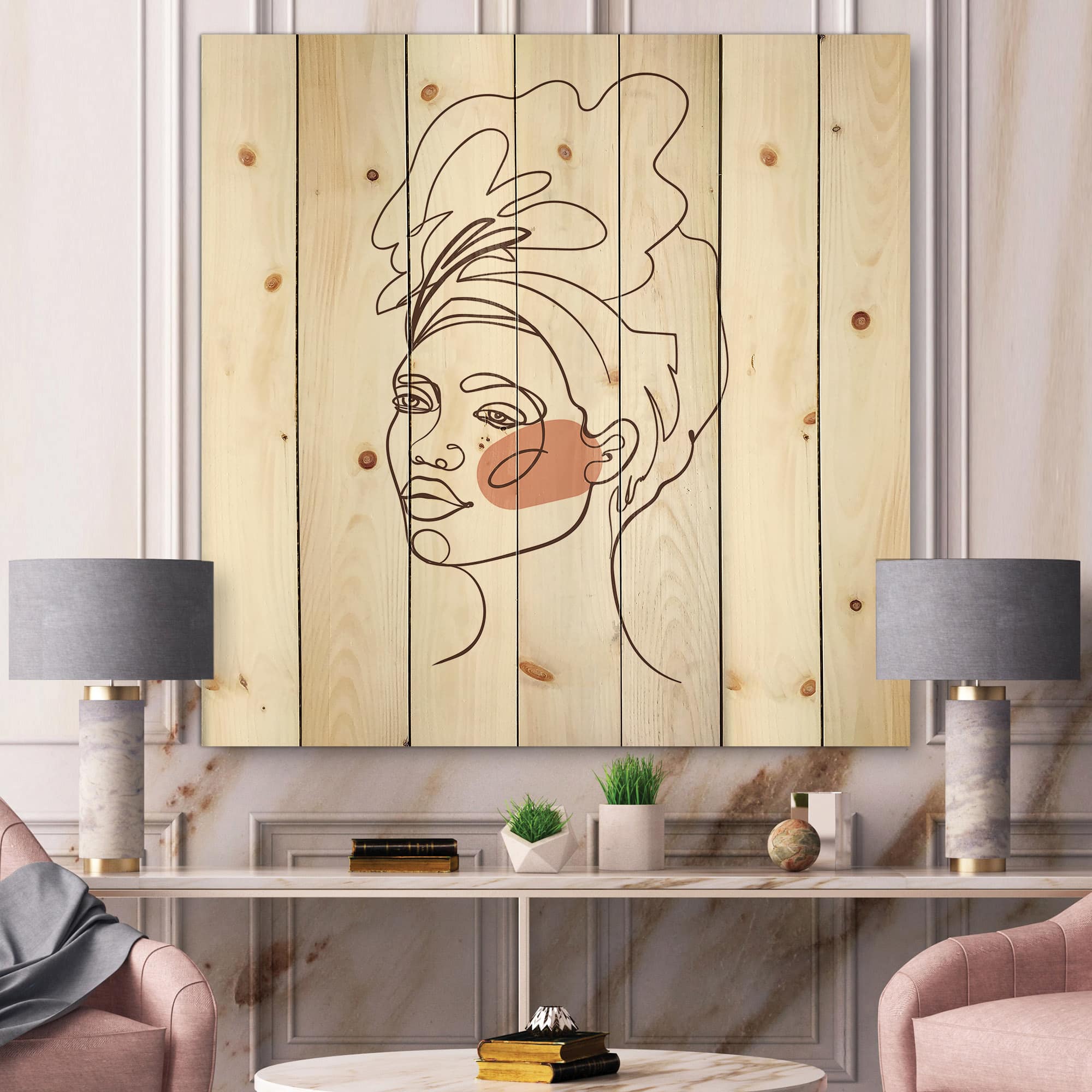 Designart - One Line Portrait of African American Woman III - Modern Print on Natural Pine Wood