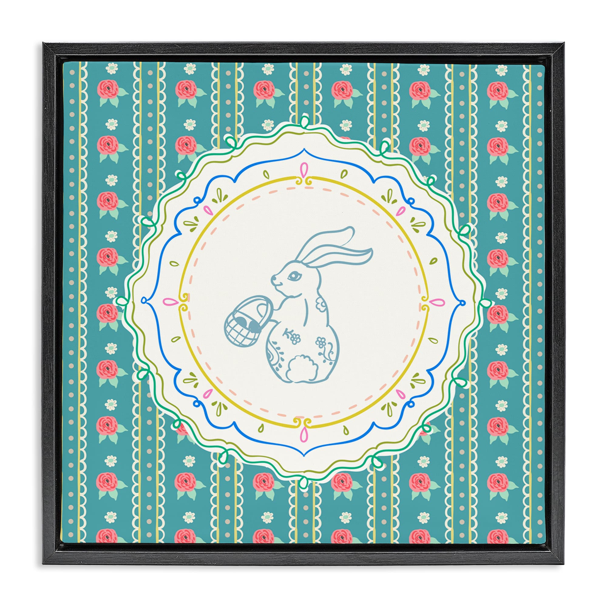 Stupell Industries Flower Stripes Pattern Bunny Floating Frame Wall Art