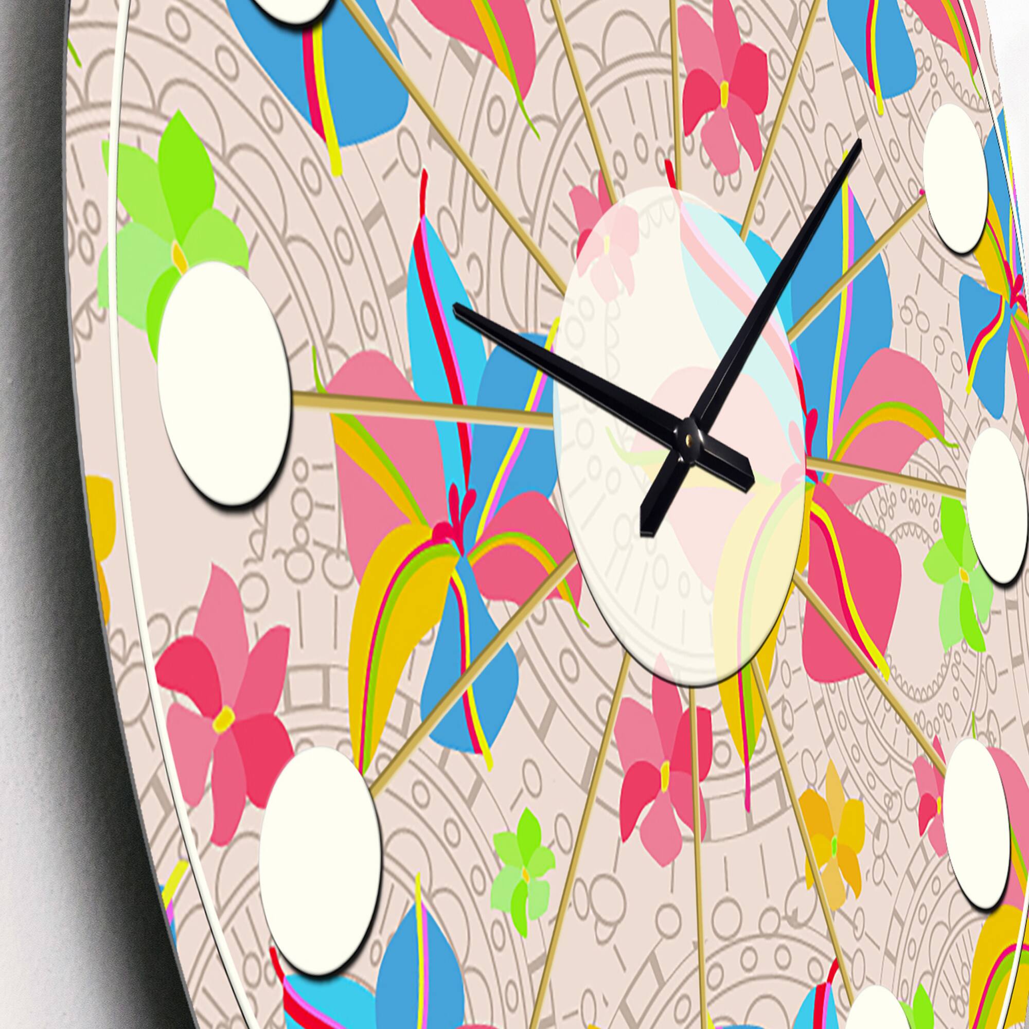 Designart 'Retro Pink Yellow Flowers Mid-Century Modern Wall Clock