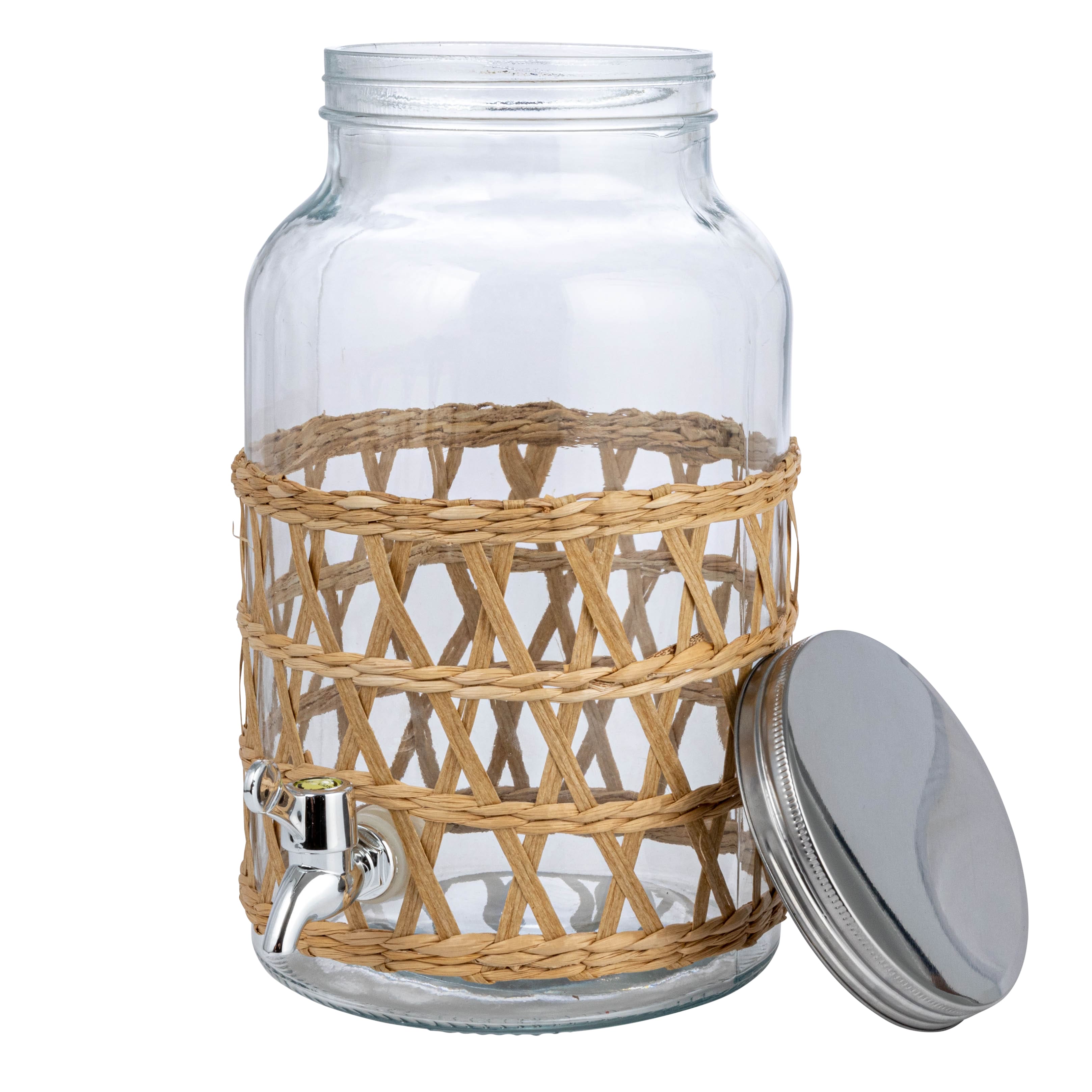 5.5qt. Glass Beverage Dispenser with Natural Woven Seagrass Sleeve