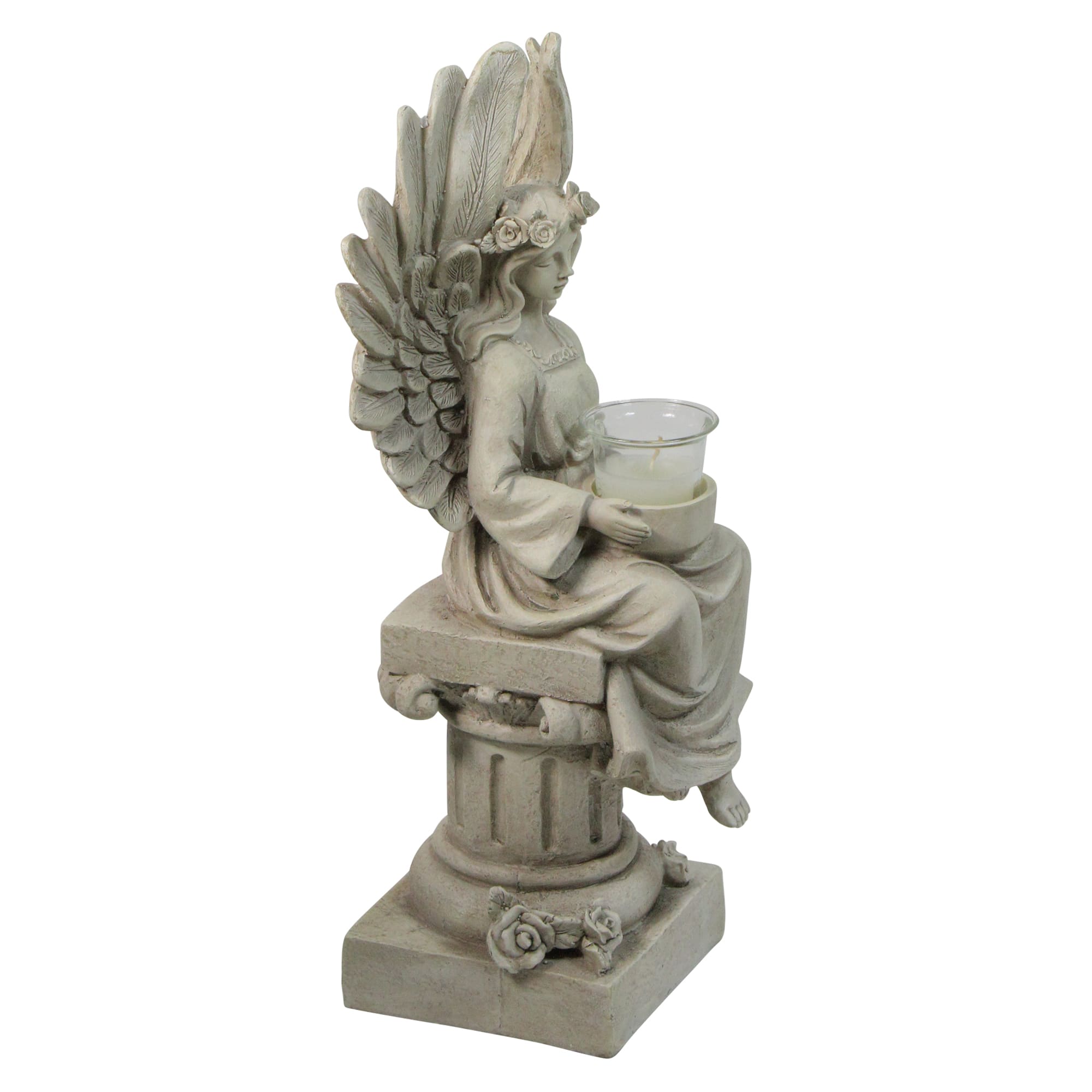 17&#x22; Peaceful Angel Sitting on a Pedestal Candle Holder Statue