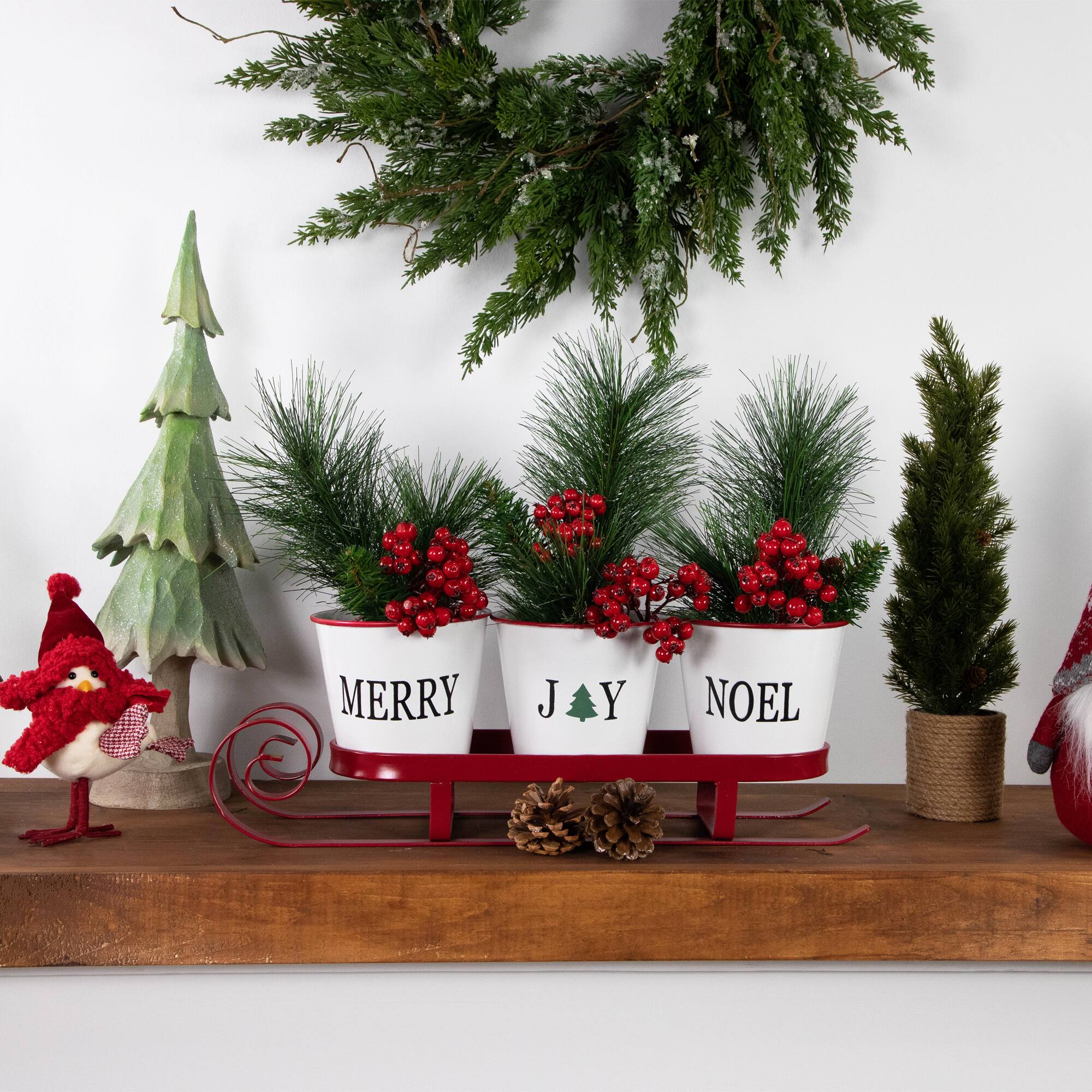18.75&#x22; Red Sleigh with Sentiment Buckets Christmas Table Centerpiece