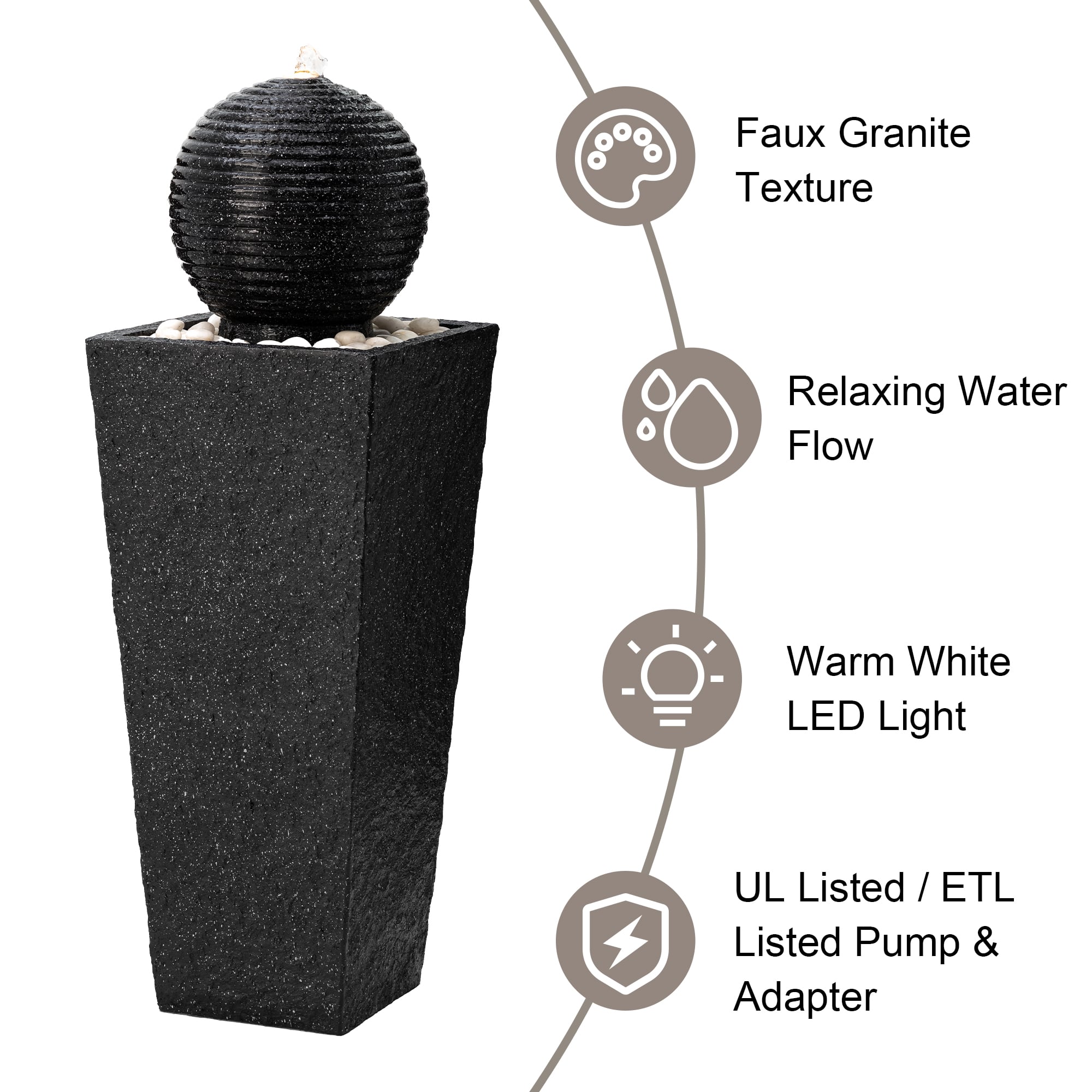 Glitzhome® Modern LED Black Geometric Pedestal & Sphere Outdoor Floor Fountain