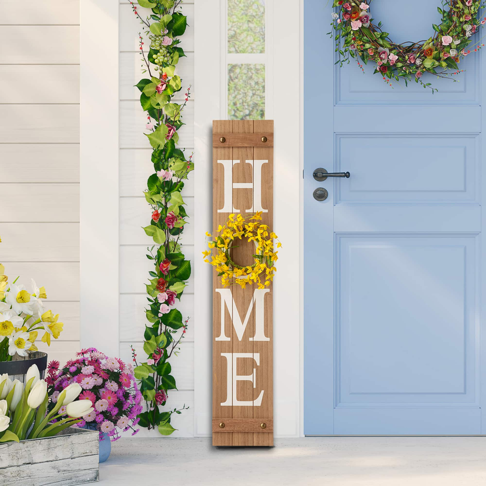 Glitzhome 42&#x22;H Wooden Brown &#x22;HOME&#x22; Porch Sign with 3 Changable Wreaths