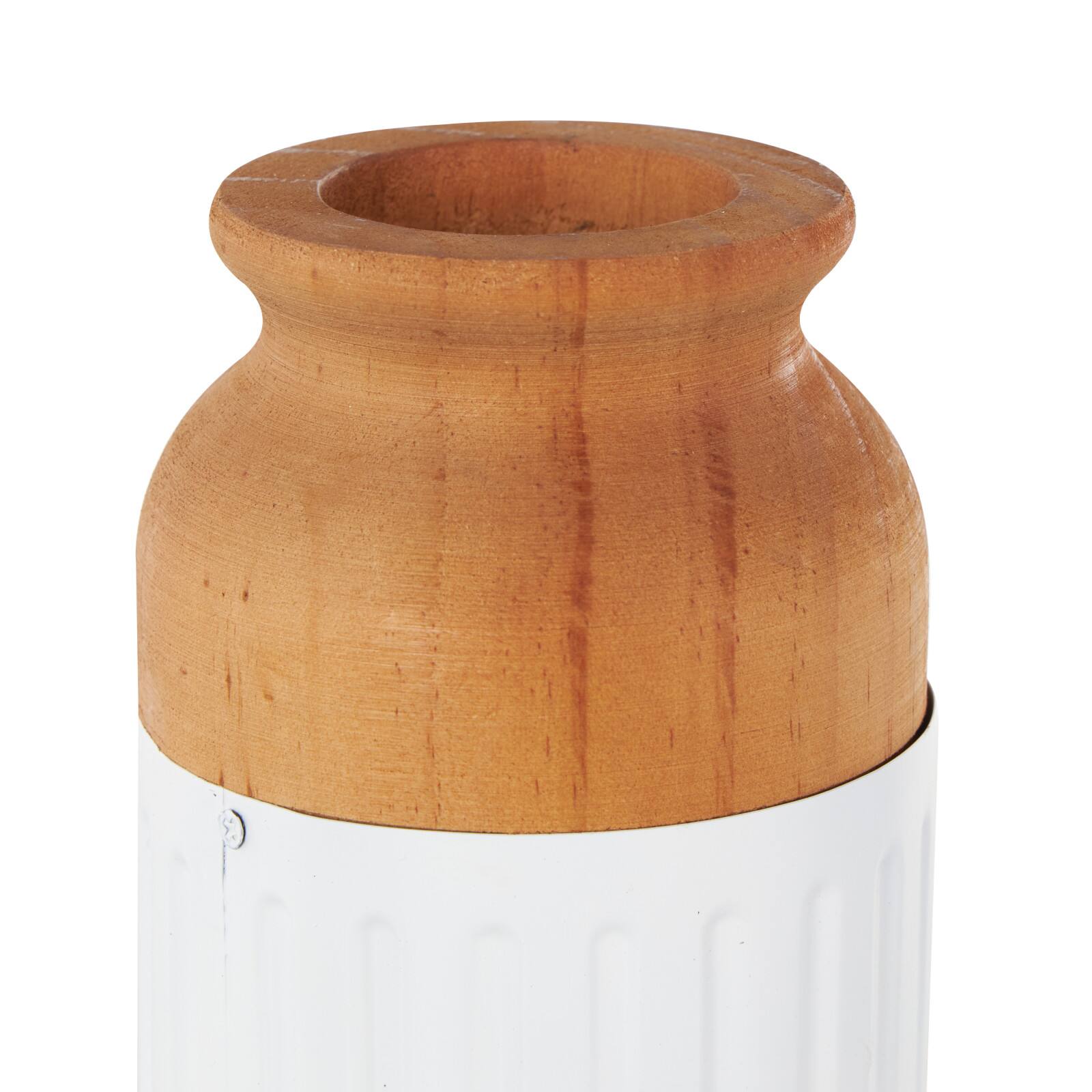 White & Brown Grooved Texture Metal & Wood Vase Set