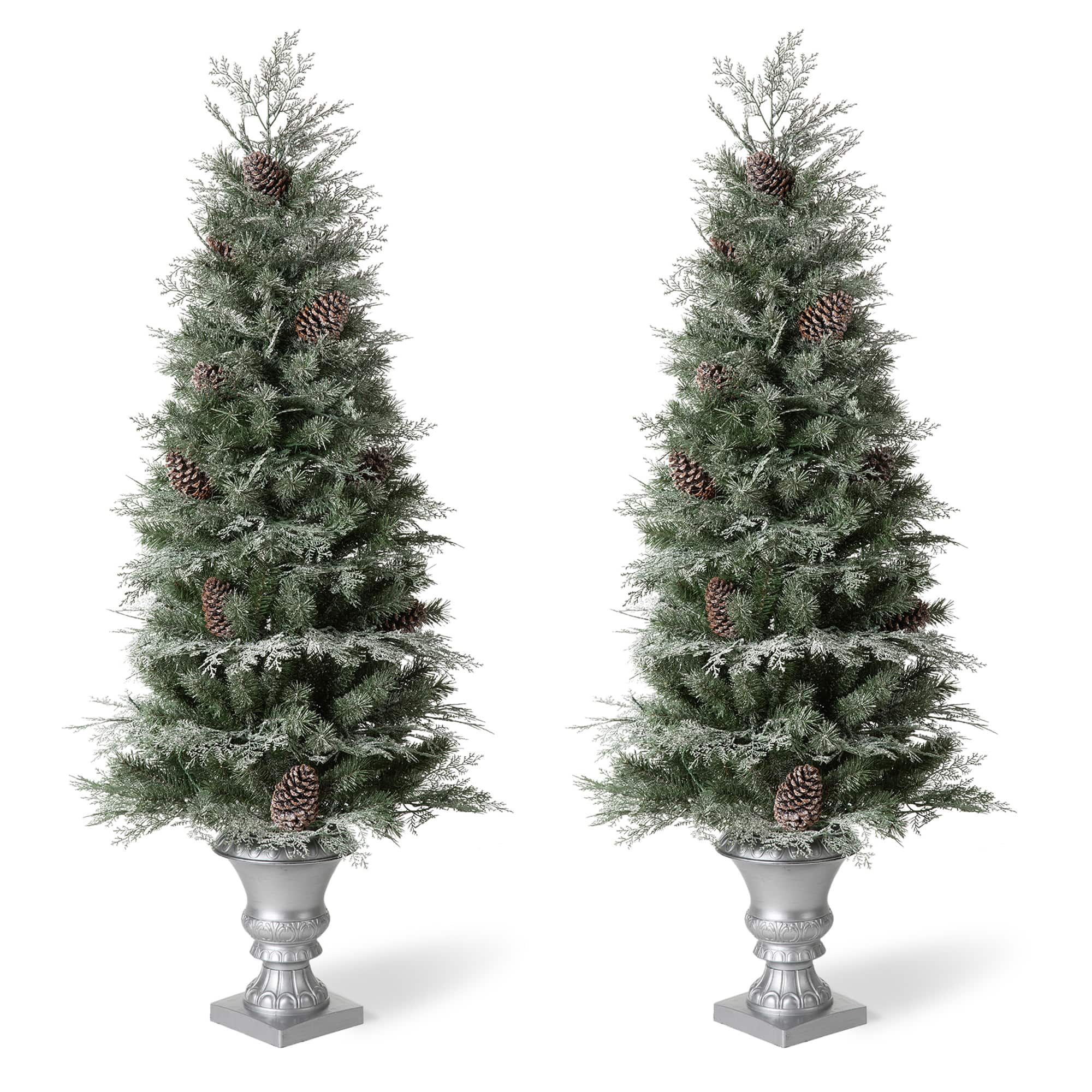 2 Pack 5ft. Pre-Lit Pine Artificial Christmas Porch Tree, Warm White LED Lights