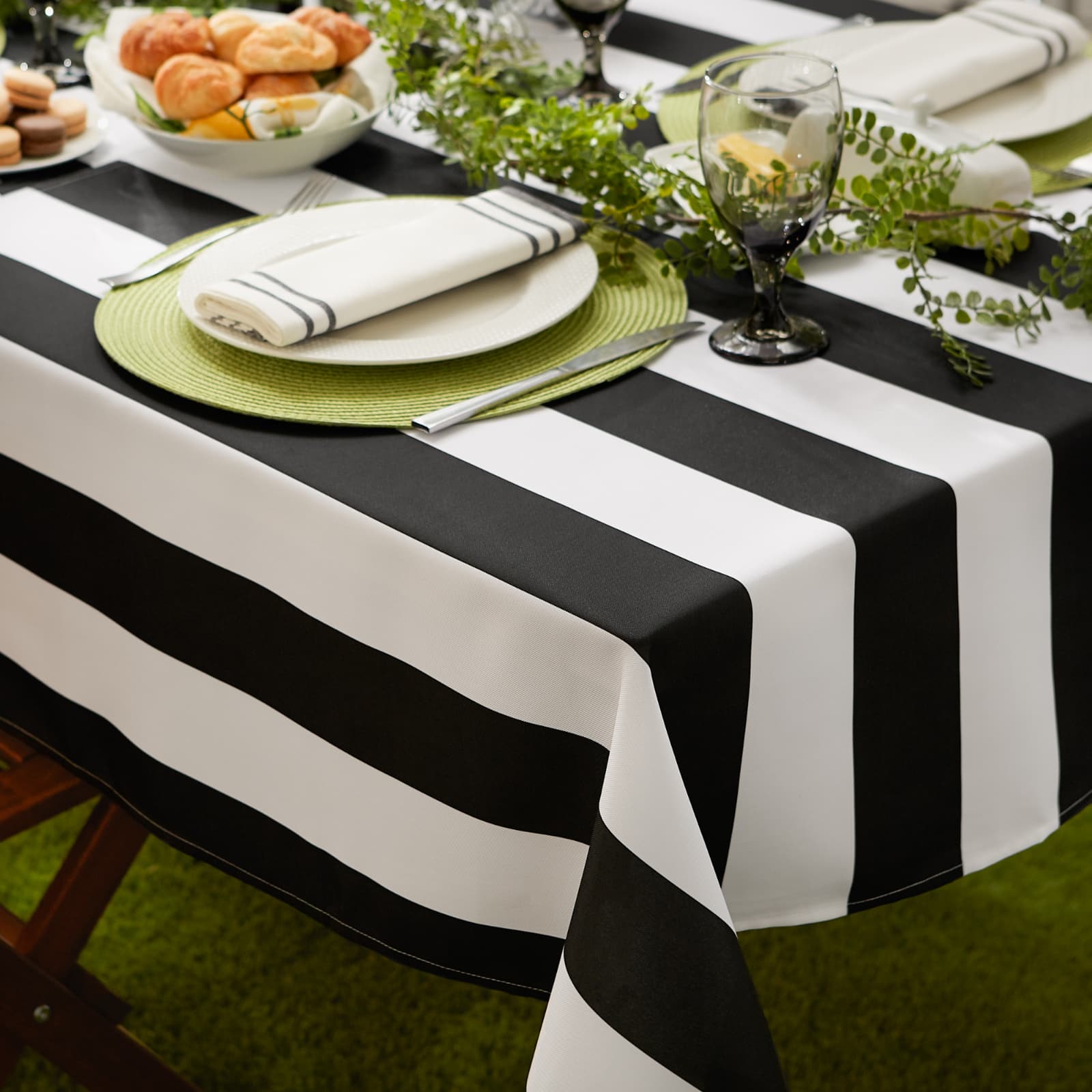 Black Cabana Stripe Print Outdoor Tablecloth,, 60&#x22; x 84&#x22;