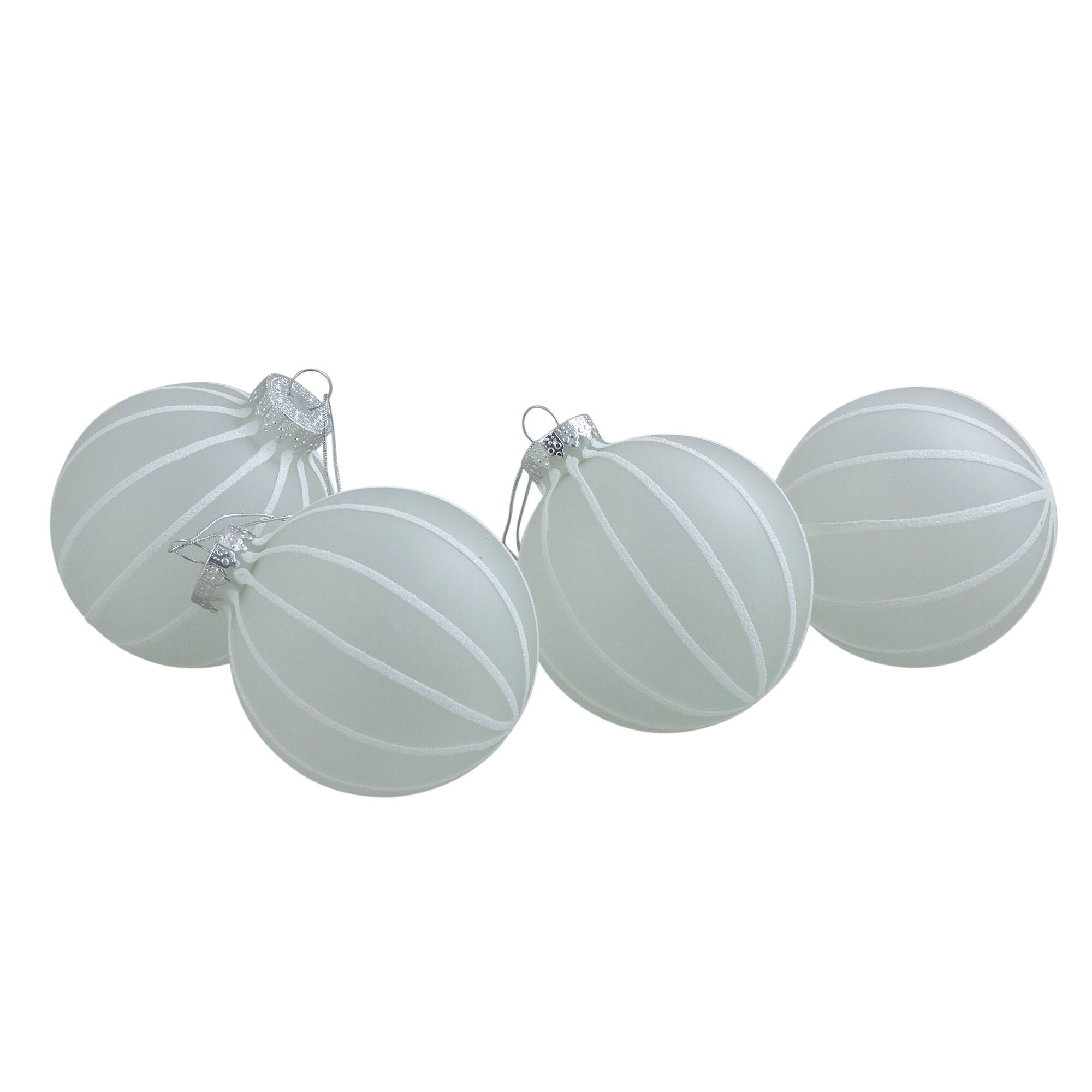 4ct. 3.5" Frosted Glitter White Striped Glass Ball Ornaments
