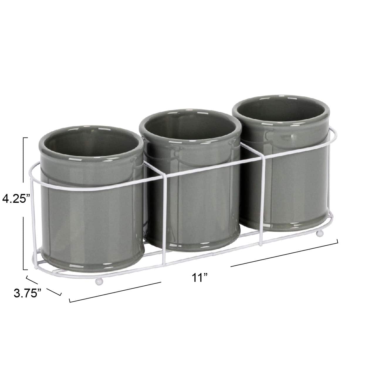 Hello Honey&#xAE; 11.5&#x22; Gray Farmhouse Ceramic Crocks in White Metal Holder
