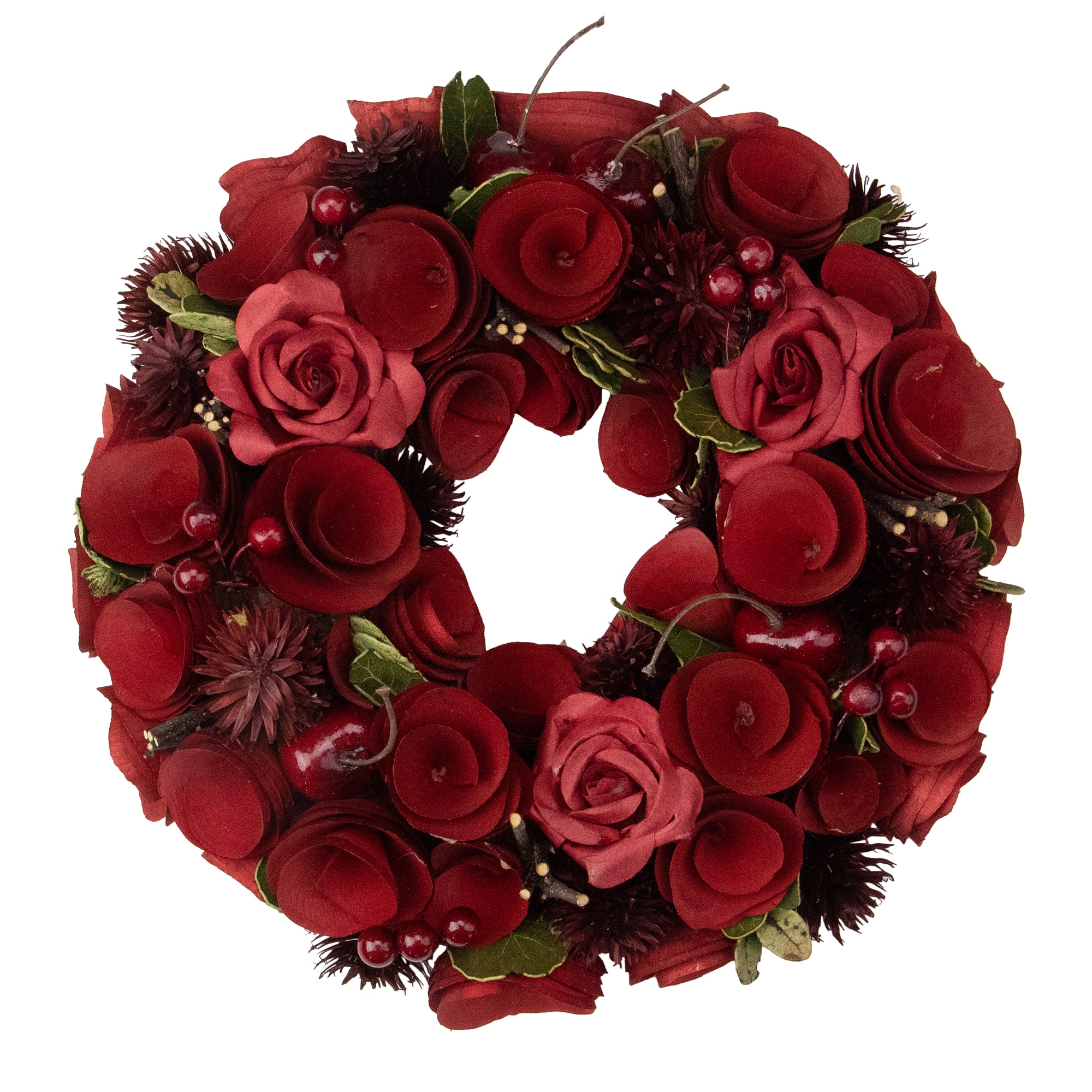 Red Wooden Rose and Berry Artificial Wreath 9.5&#x22; Unlit