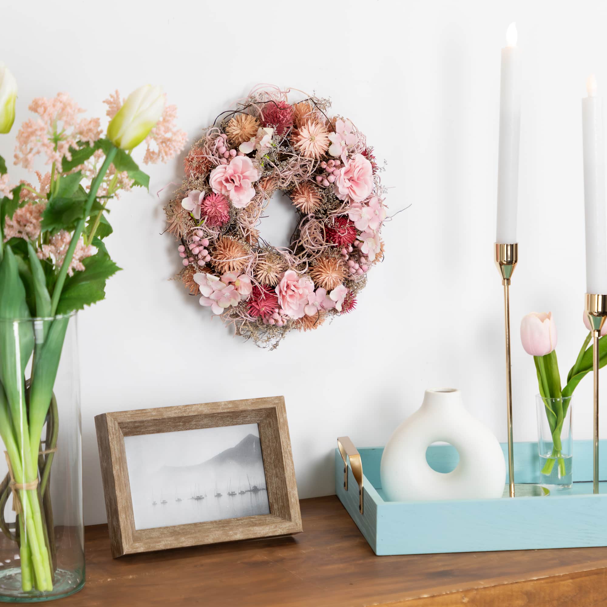 9.75&#x22; Pink Mixed Floral Artificial Spring Wreath